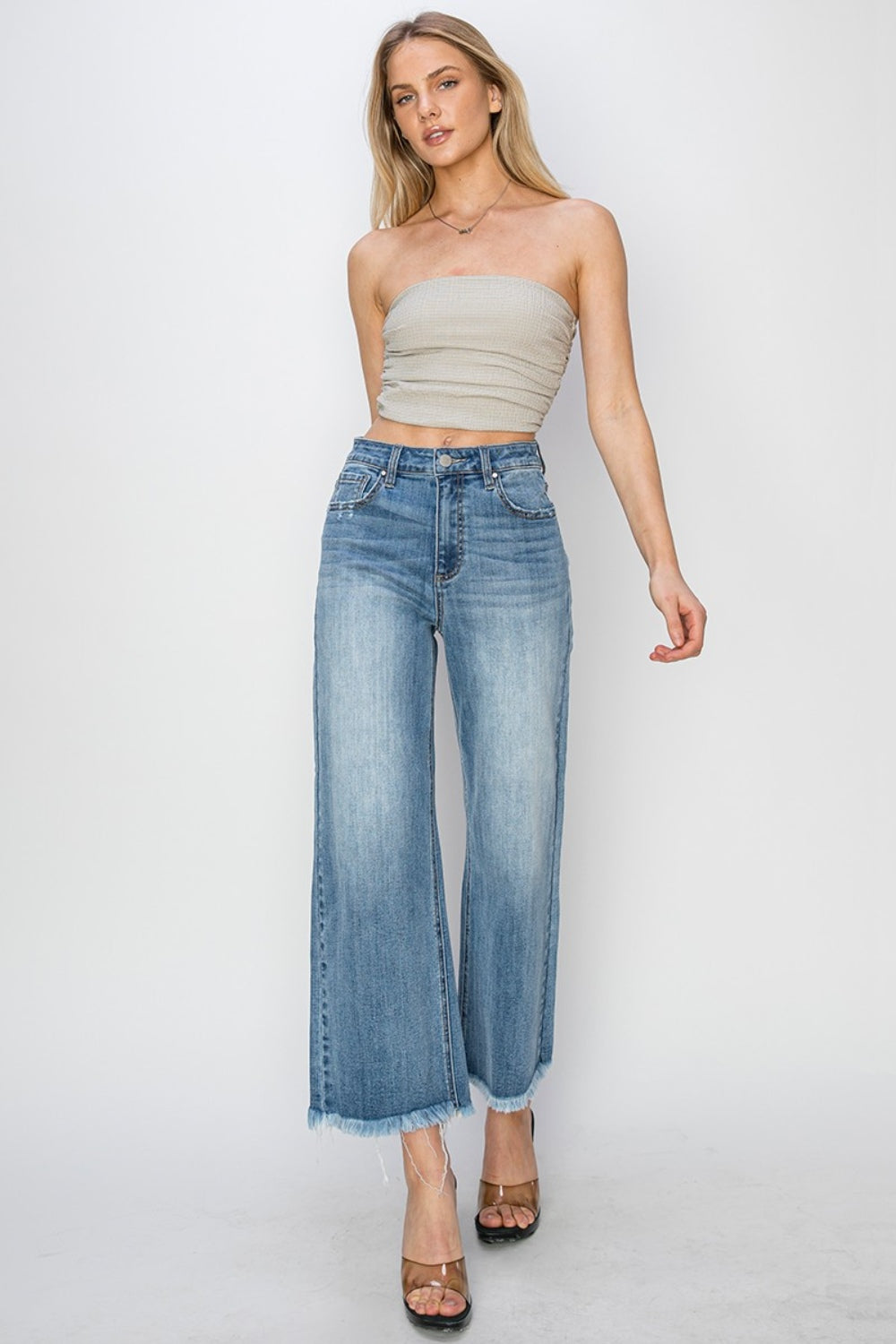 SHIRLYN Raw Hem Cropped Wide Leg Jeans