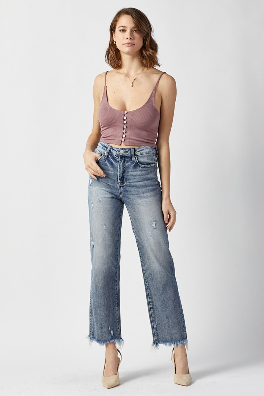 SHIRLYN High Waist Raw Hem Straight Jeans