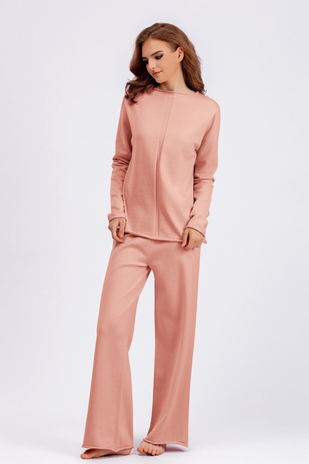 SHIRLYN Rolled Round Neck Top and Pants Sweater Set