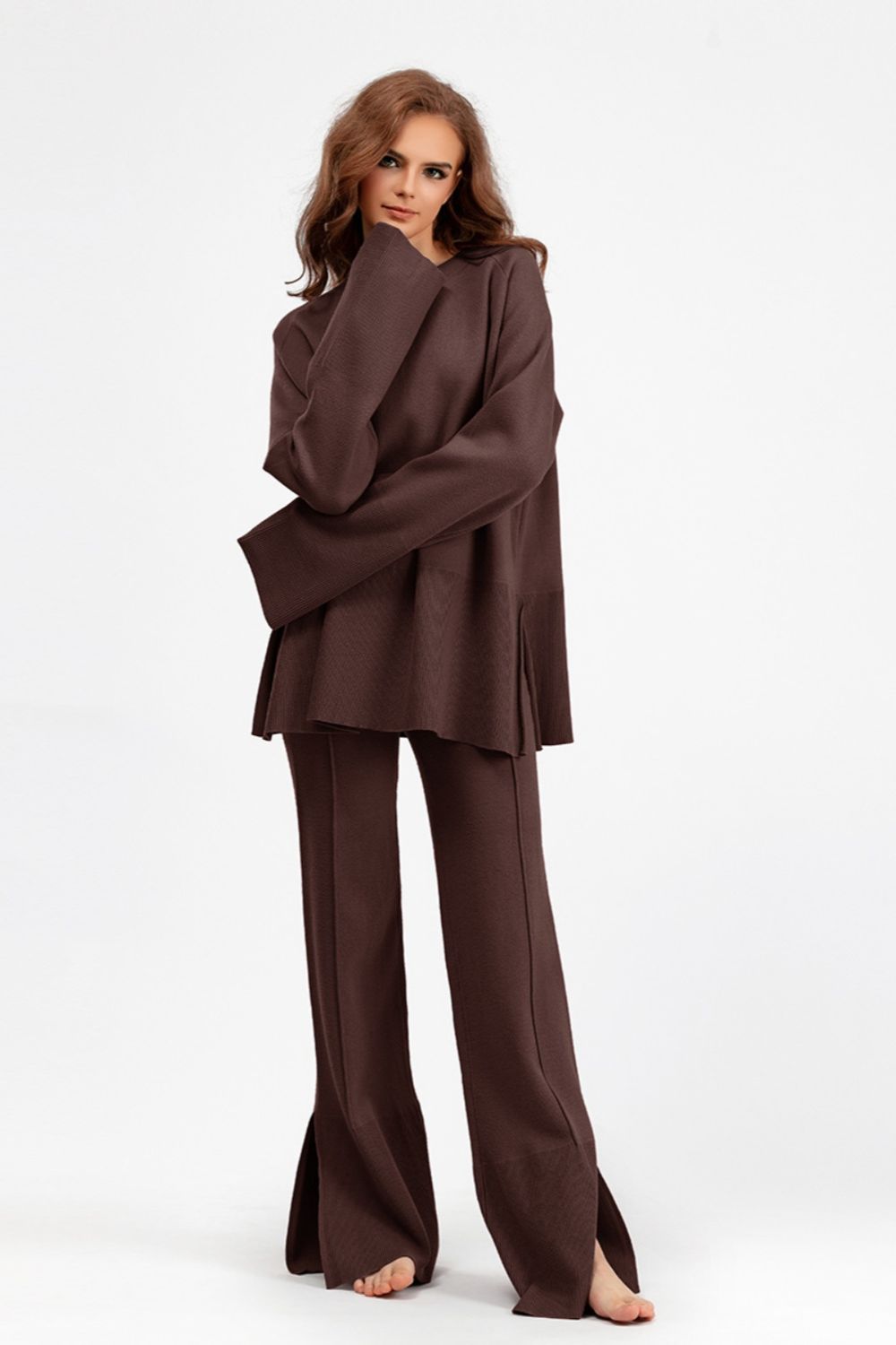 SHIRLYN Slit Round Neck Long Sleeve Top and Drawstring Pants Sweater Set