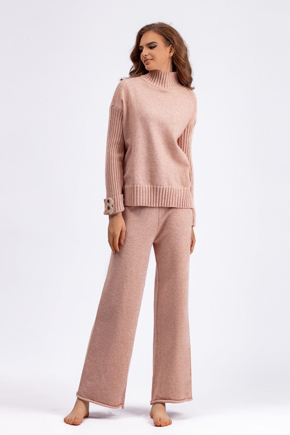 SHIRLYN High- Low Turtleneck Long Sleeve Top and Pants Sweater Set