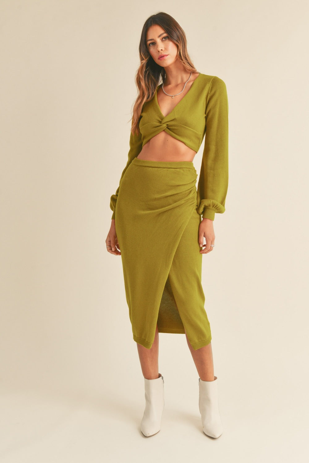 SHIRLYN Front Twisted Knit Top and Midi Skirt Set