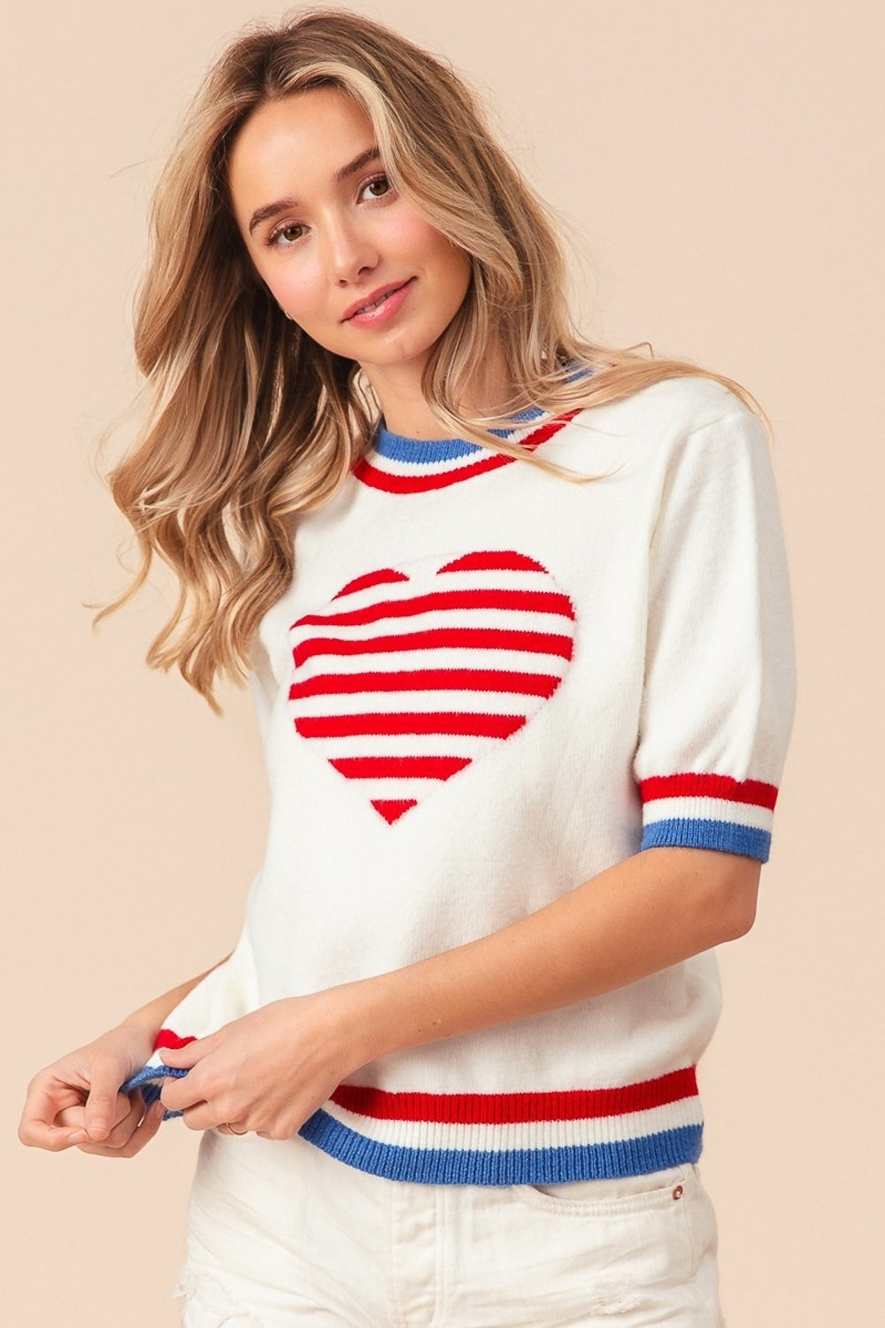 SHIRLYN US Flag Theme Striped Heart Sweater