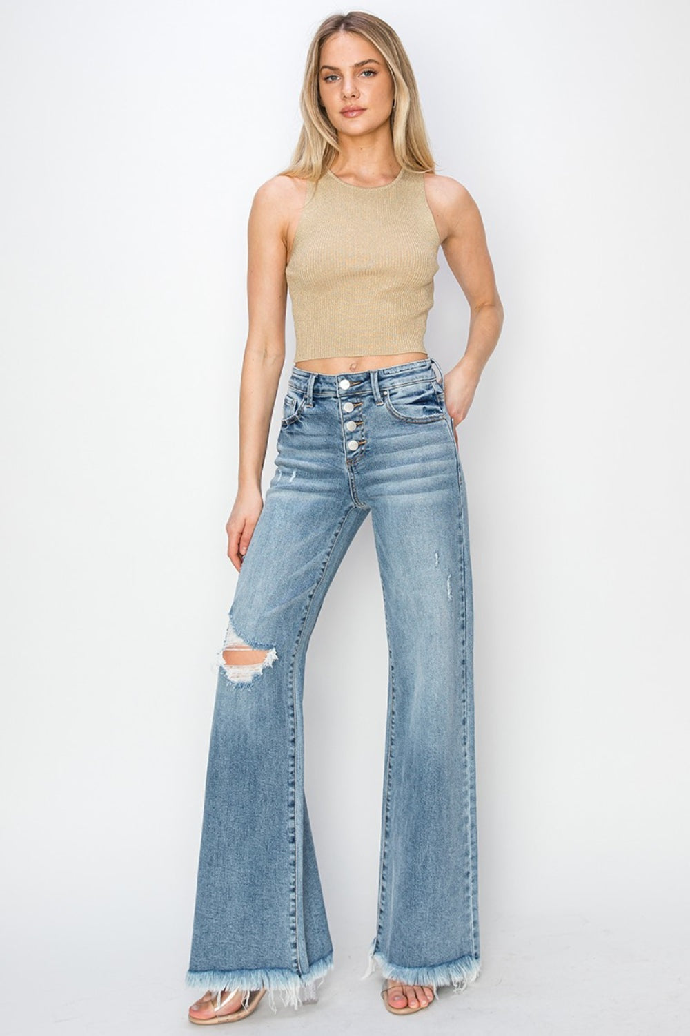 SHIRLYN Mid Rise Button Fly Wide Leg Jeans