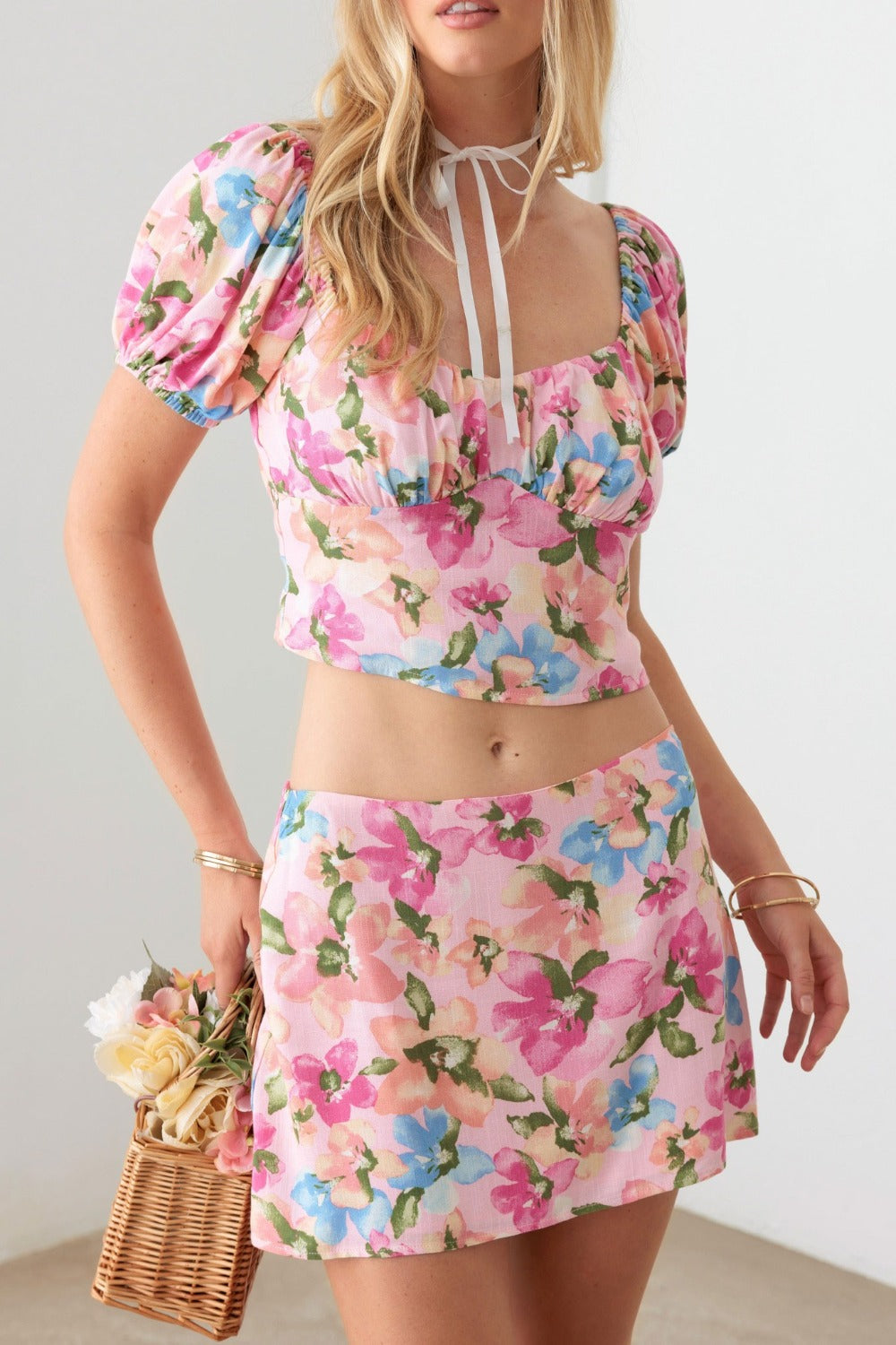 SHIRLYN - Floral Puff Sleeve Crop Top and Mini Skirt Set