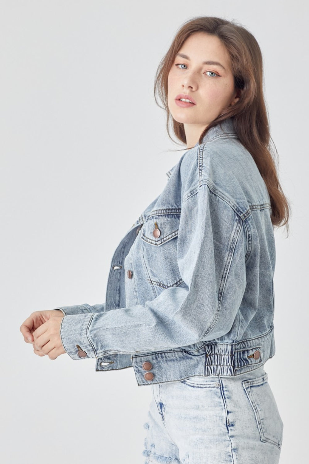 SHIRLYN Full Size Button Down Cropped Denim Jacket