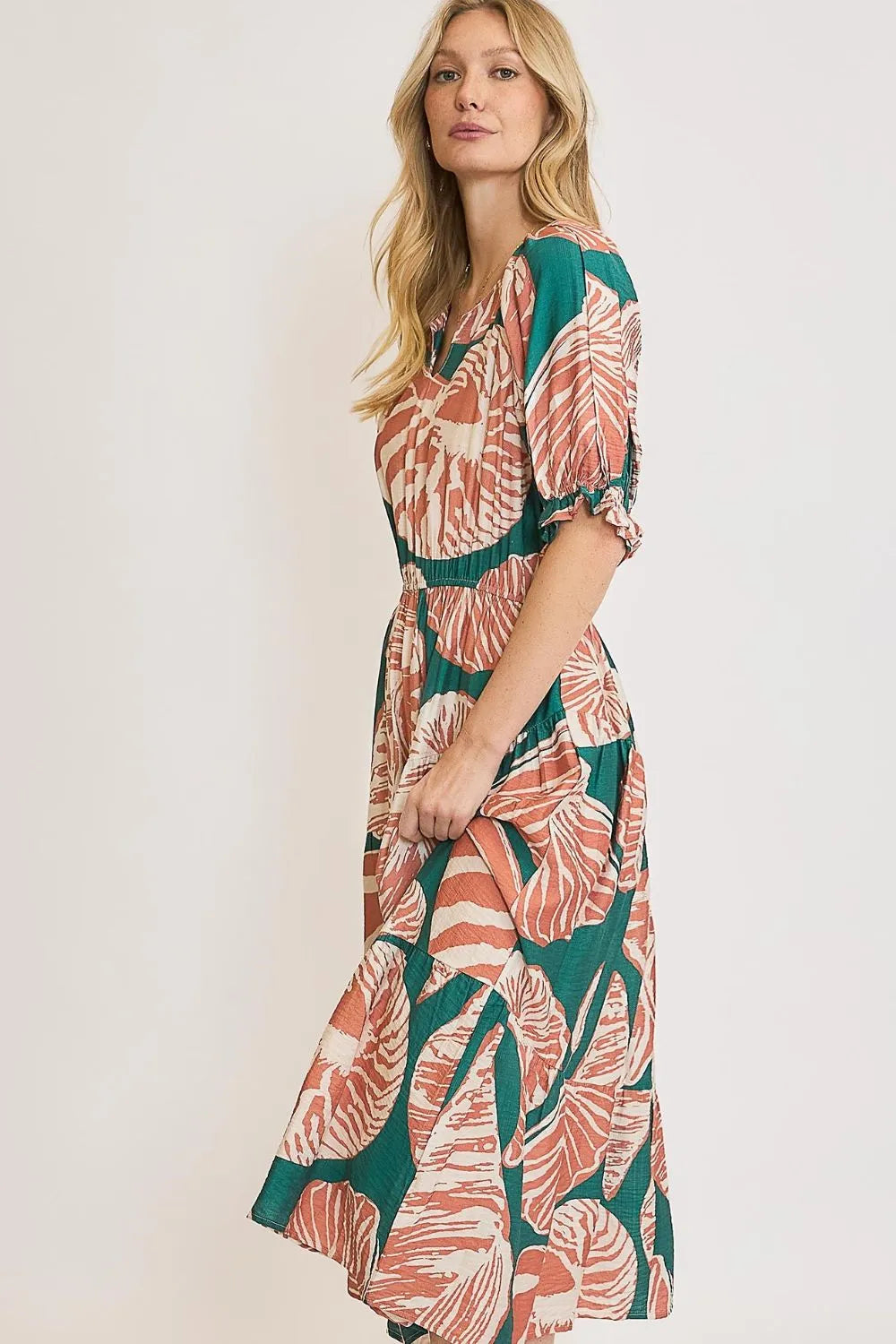 Printed puff sleeve midi dress with notched neckline, ruched and ruffled details – feminine and stylish silhouette