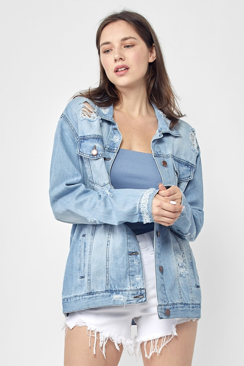 Full Size Distressed Long Sleeve Denim Jacket