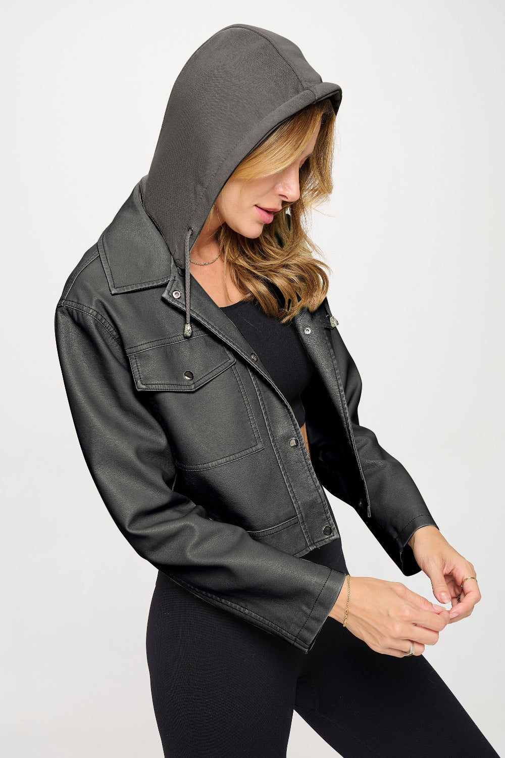 SHIRLYN.CO LA Snap Down Cropped Hooded Jacket