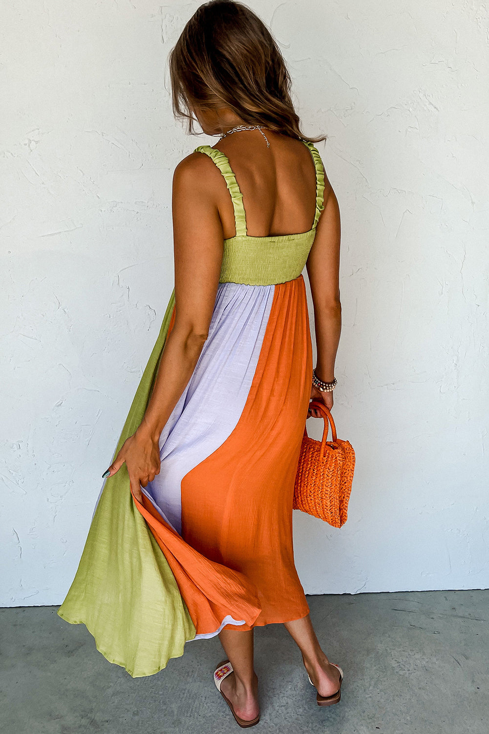 Green Color Block Shirred High Waist Pleated Maxi Dress