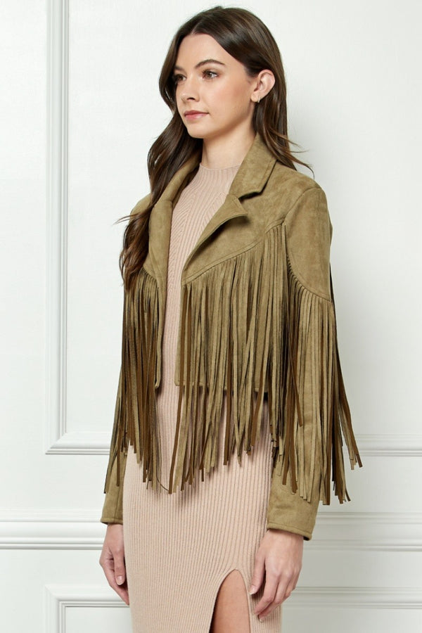 SHIRLYN - Veveret Suede Fringe Long Sleeve Moto Jacket