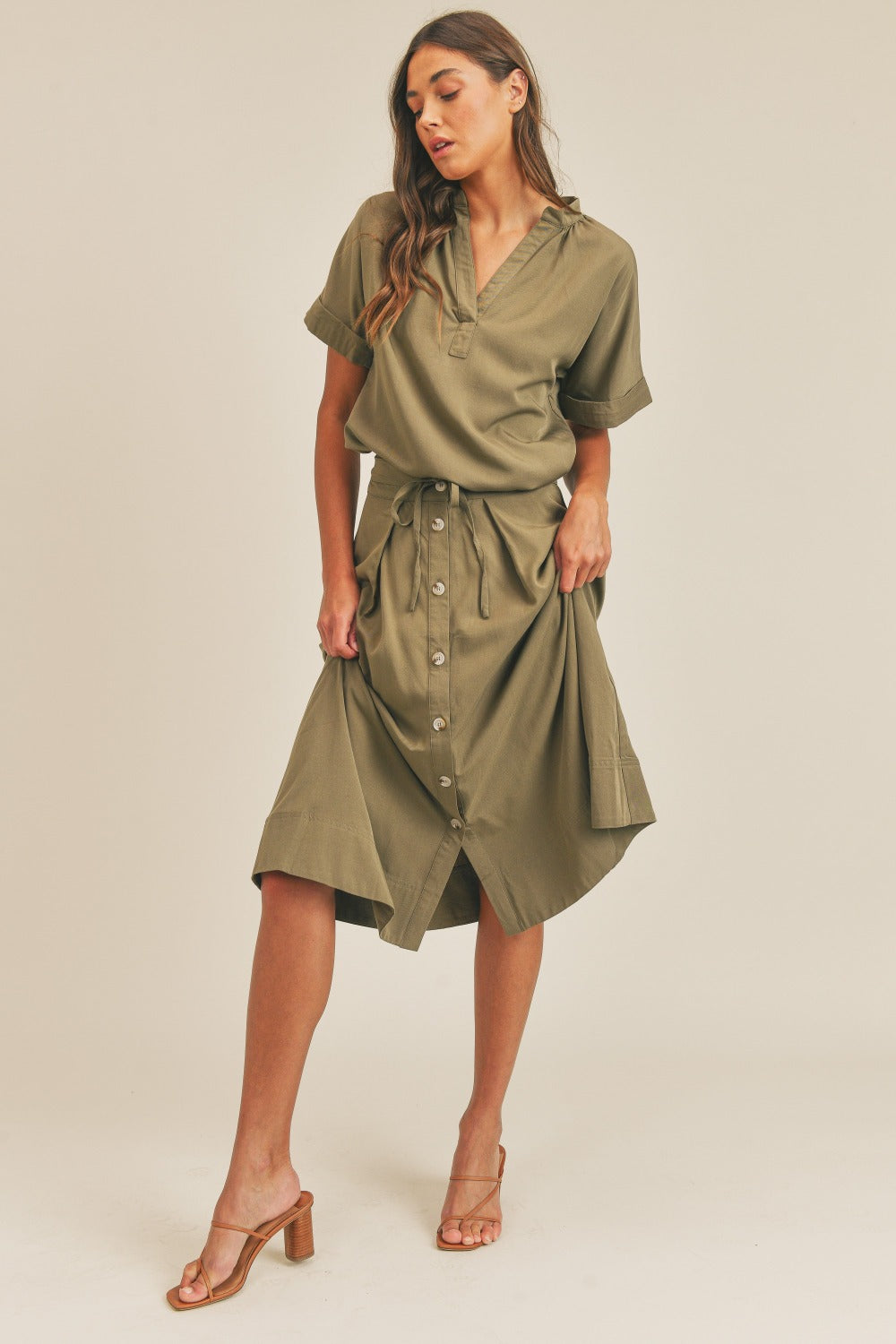 SHIRLYN Short Sleeve Top and Button Down Midi Skirt Set