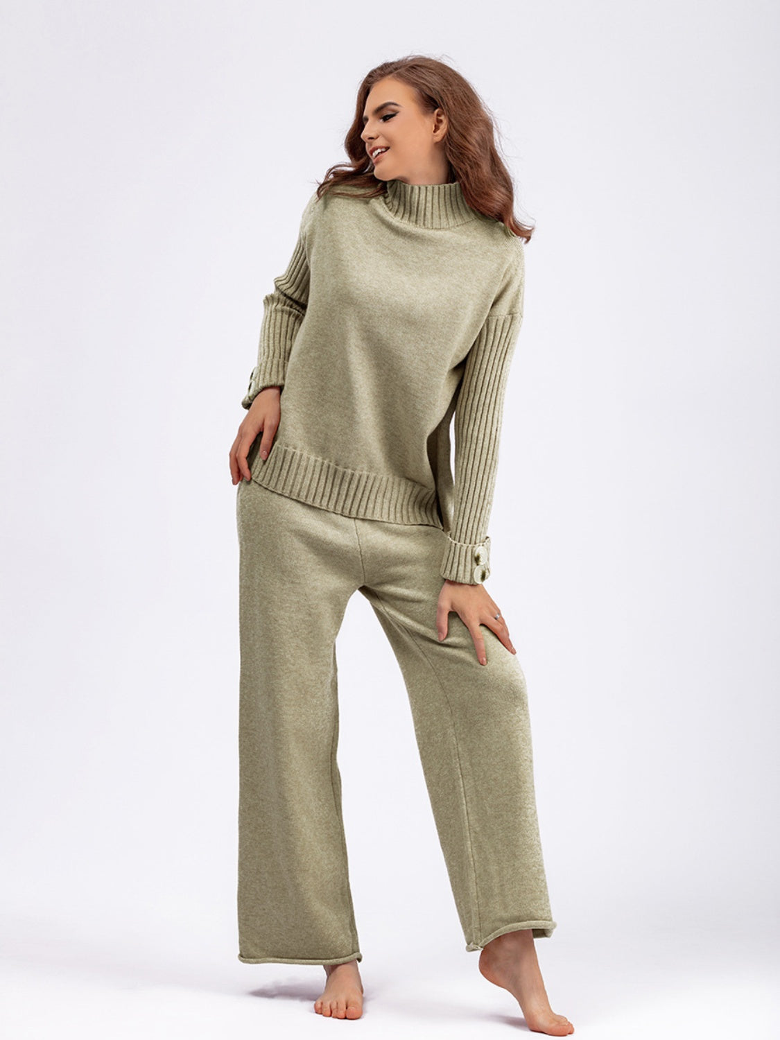 SHIRLYN High- Low Turtleneck Long Sleeve Top and Pants Sweater Set