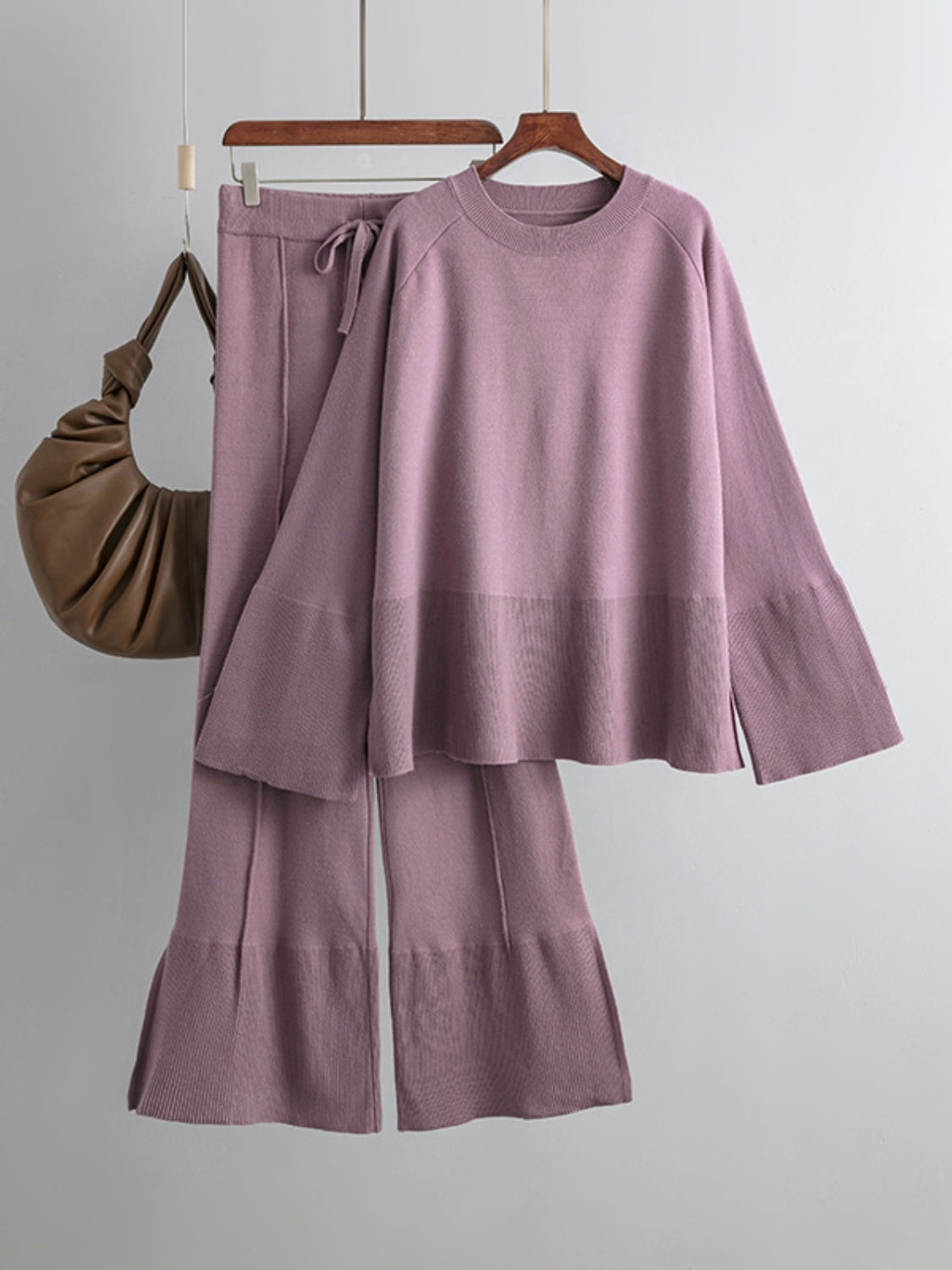 SHIRLYN Slit Round Neck Long Sleeve Top and Drawstring Pants Sweater Set