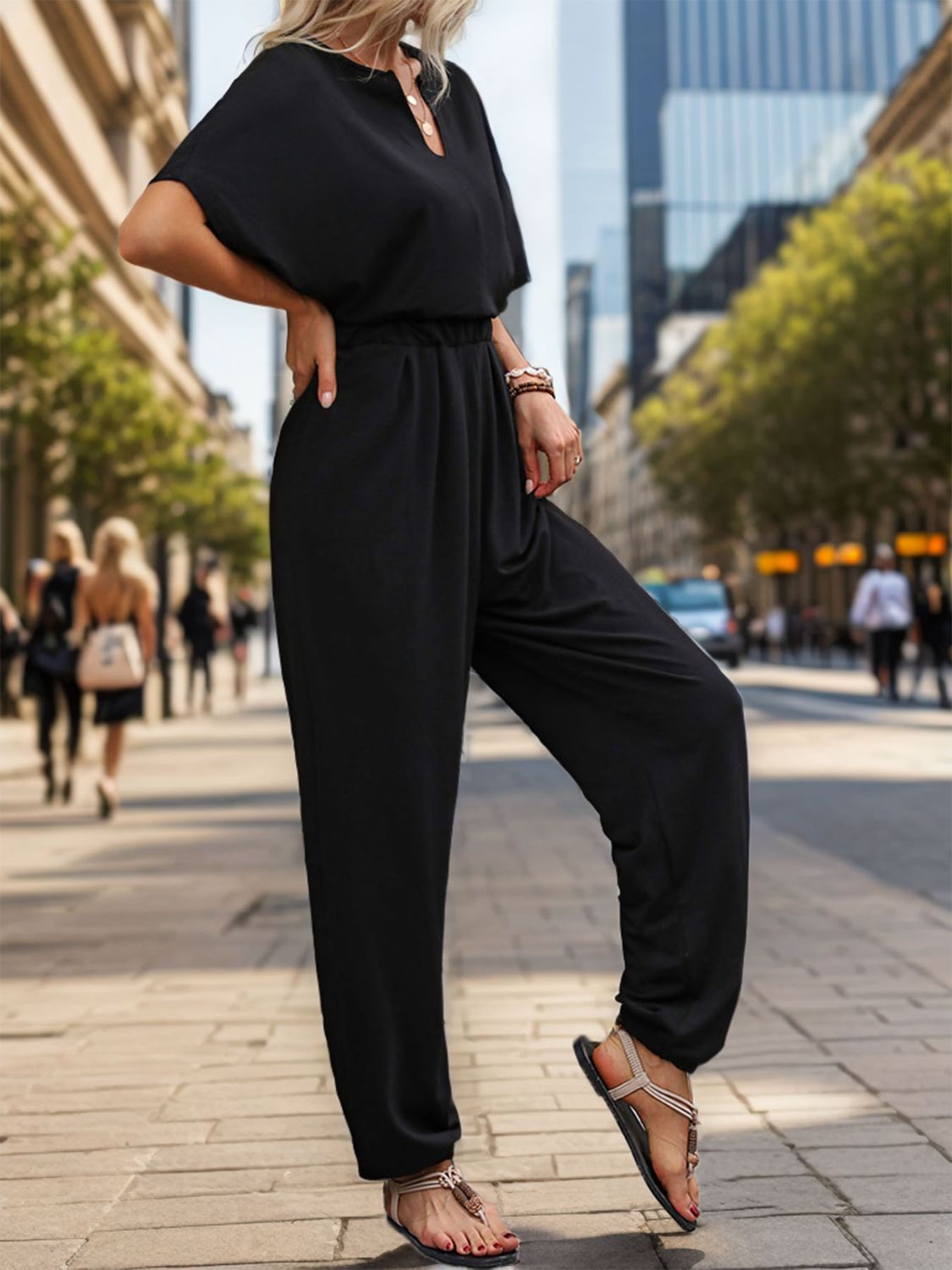 Notched Half Sleeve Straight Jumpsuit