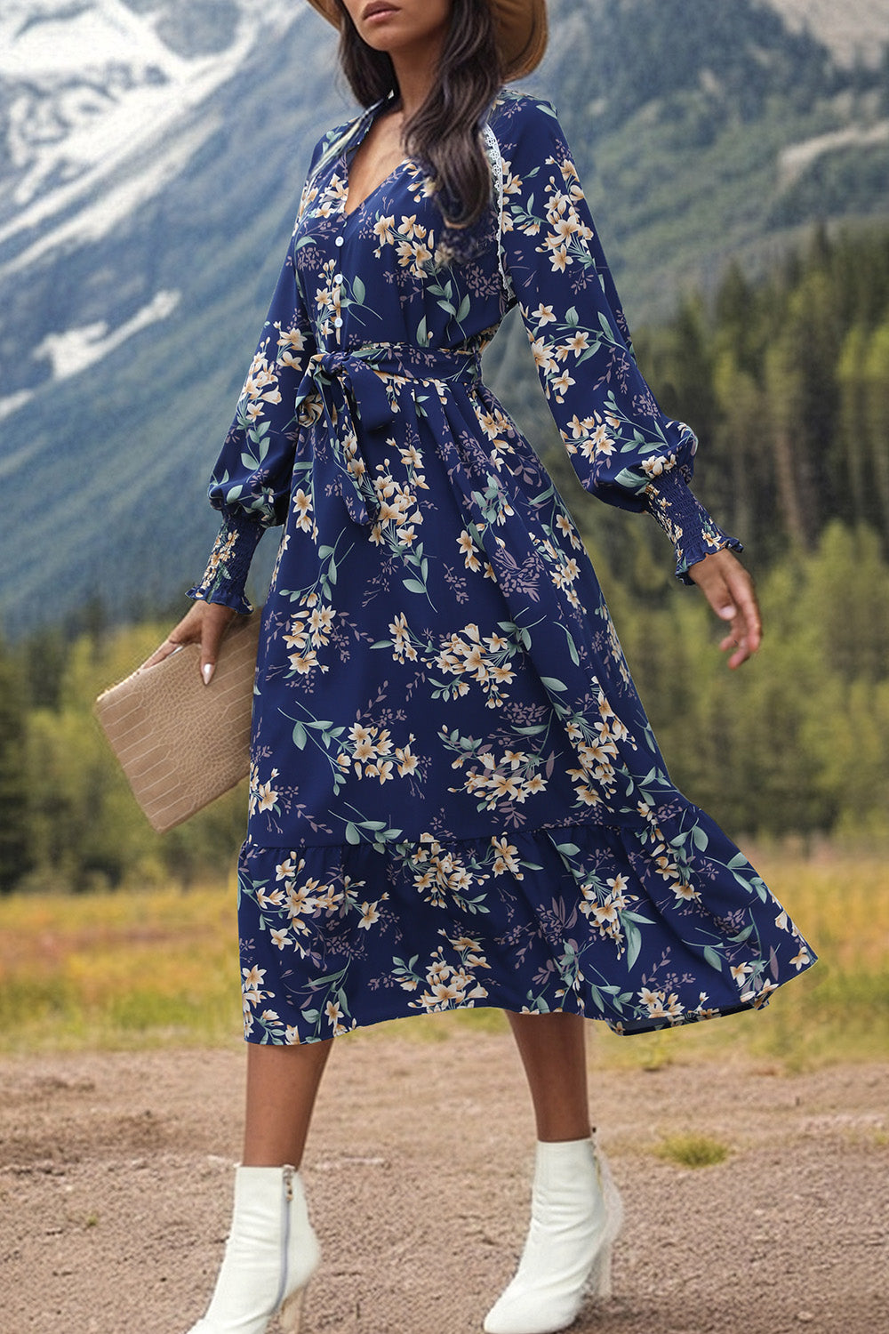 Printed Notched Lantern Sleeve Midi Dress