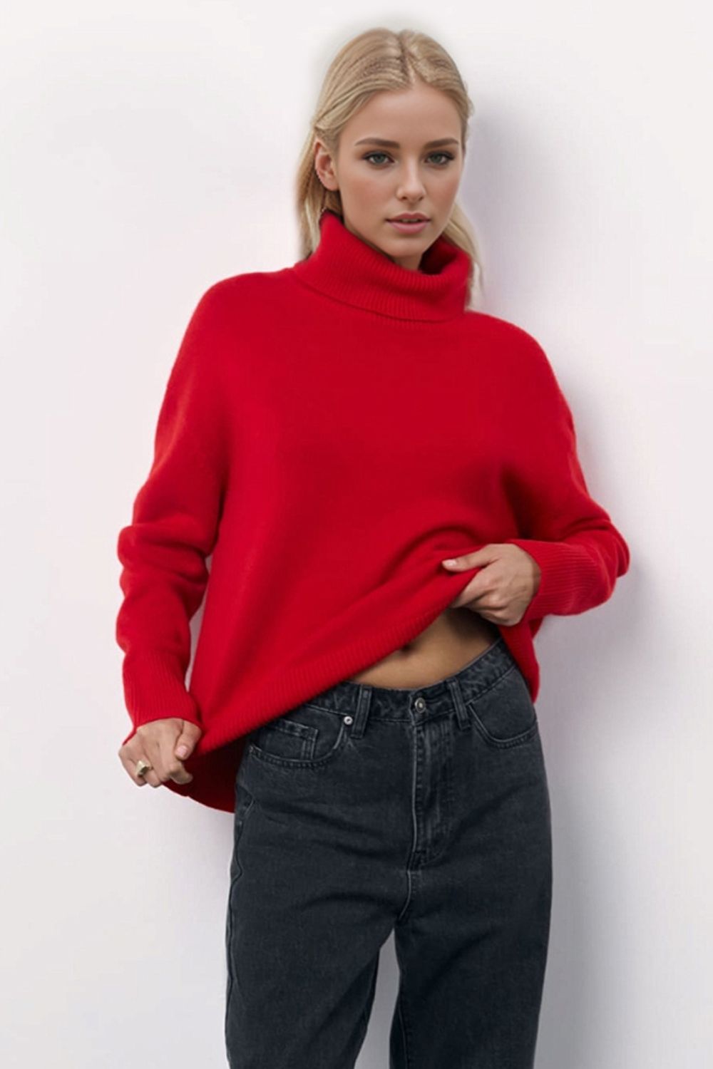 SHIRLYN Turtleneck Long Sleeve Dropped Shoulder Sweater