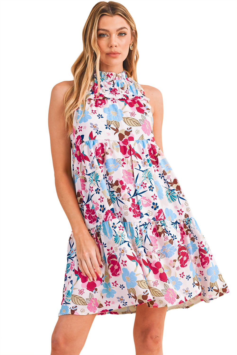 White Frill Mock Neck Sleeveless Tiered Floral Dress