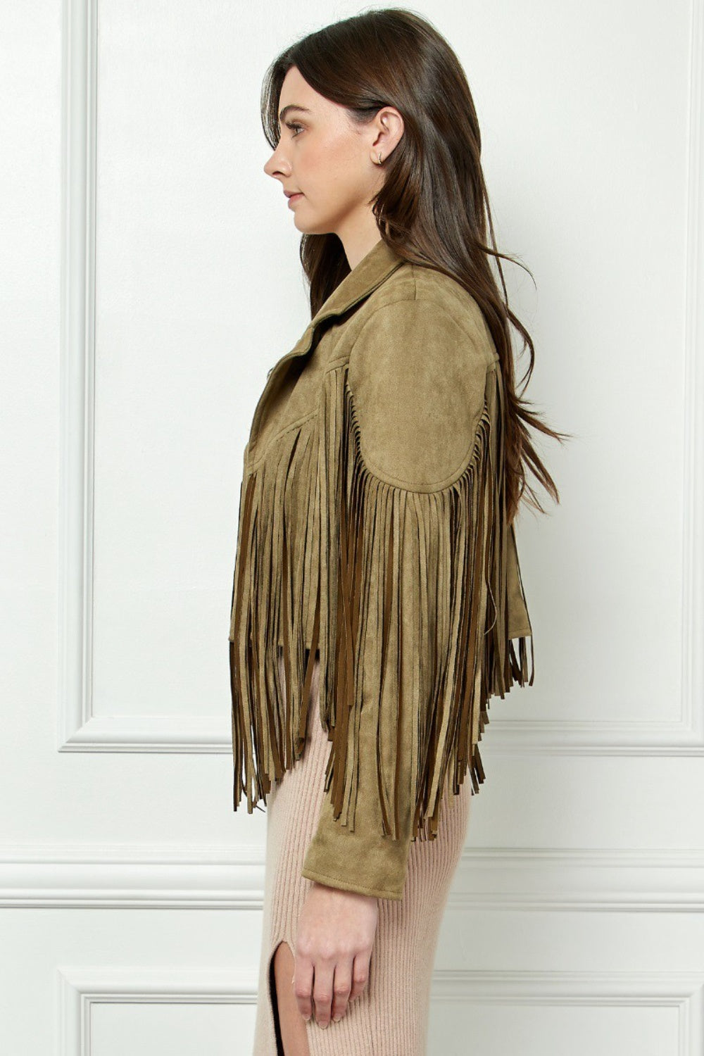 SHIRLYN - Veveret Suede Fringe Long Sleeve Moto Jacket