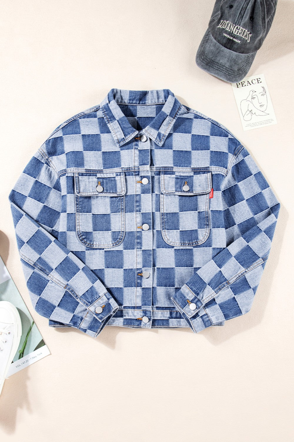 SHIRLYN - Checkered Button Up Long Sleeve Denim Jacket