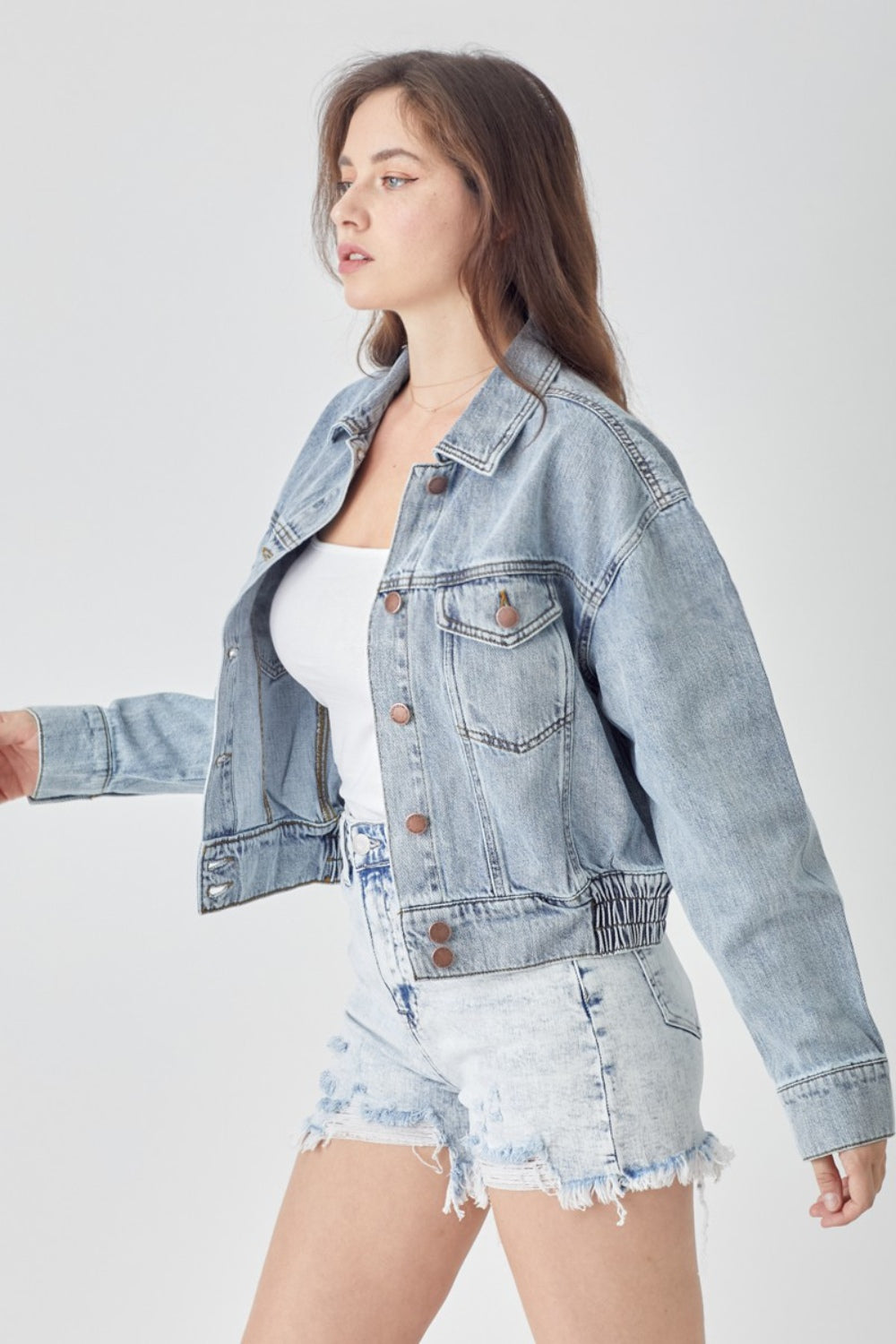 SHIRLYN Full Size Button Down Cropped Denim Jacket