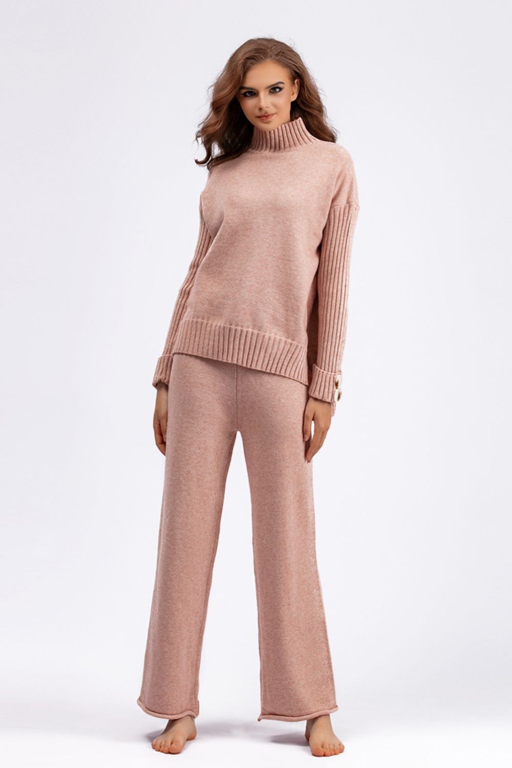 SHIRLYN High- Low Turtleneck Long Sleeve Top and Pants Sweater Set