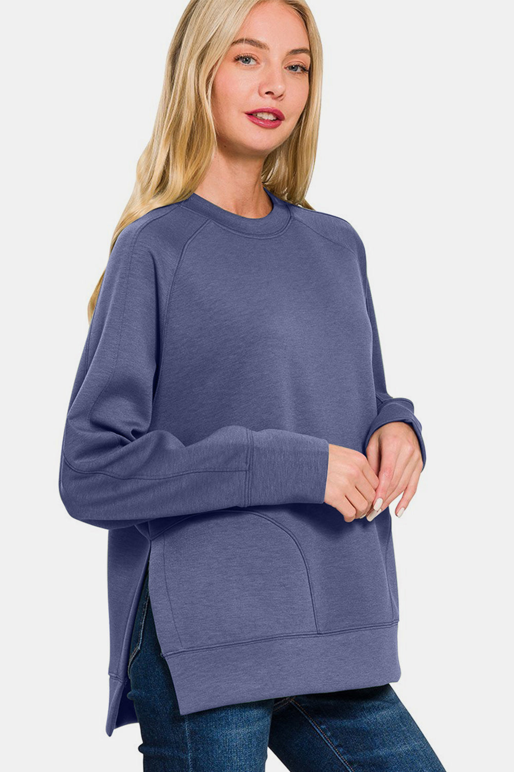 SHIRLYN Scuba Round Neck Side Slit Sweatshirt