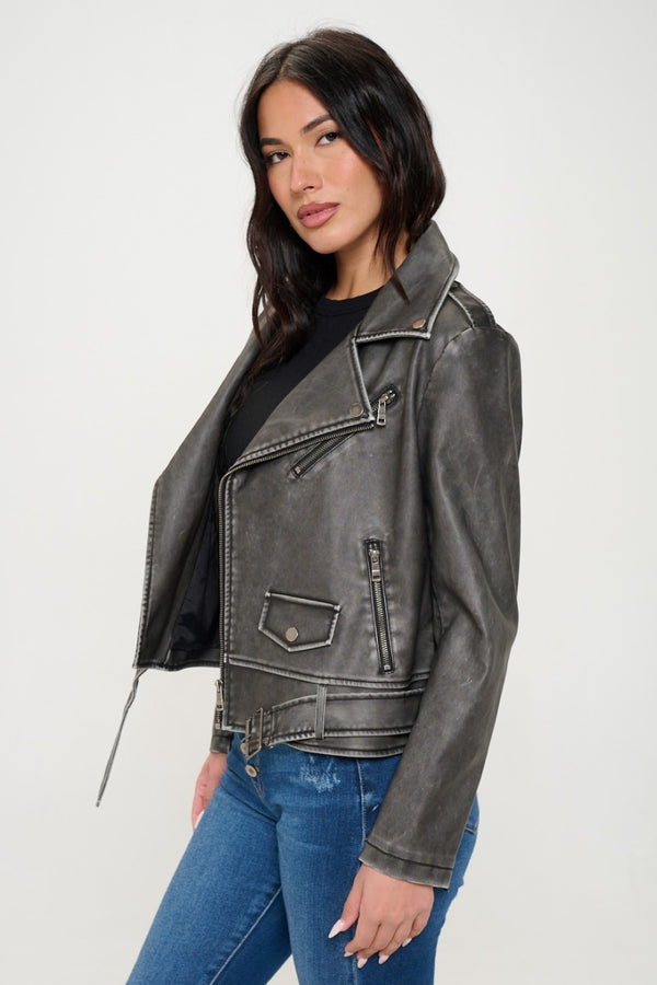 SHIRLYN.CO LA Zip Up Biker Jacket with Belt