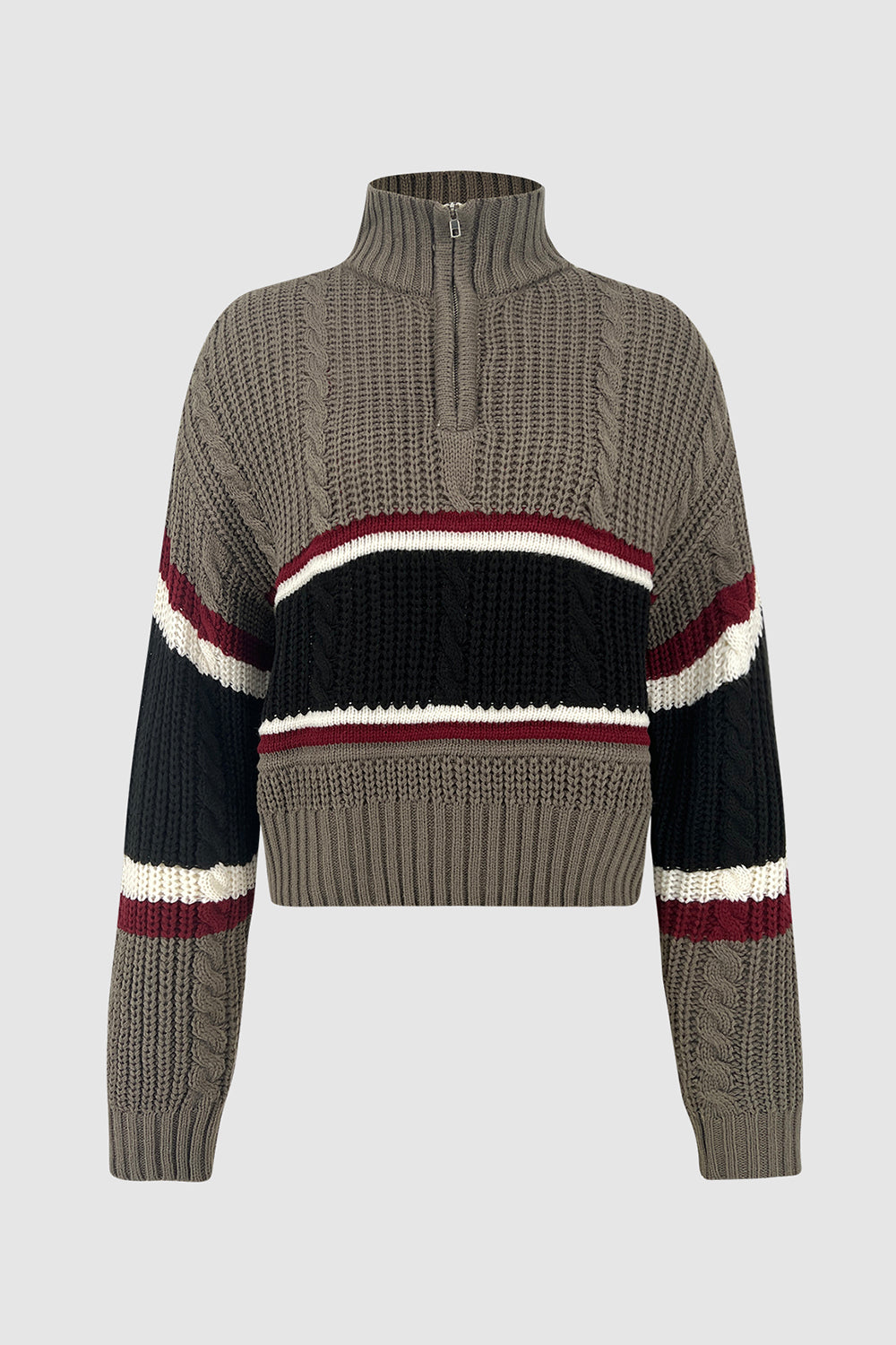 SHIRLYN Cable-Knit Striped Quarter Zip Turtleneck Sweater