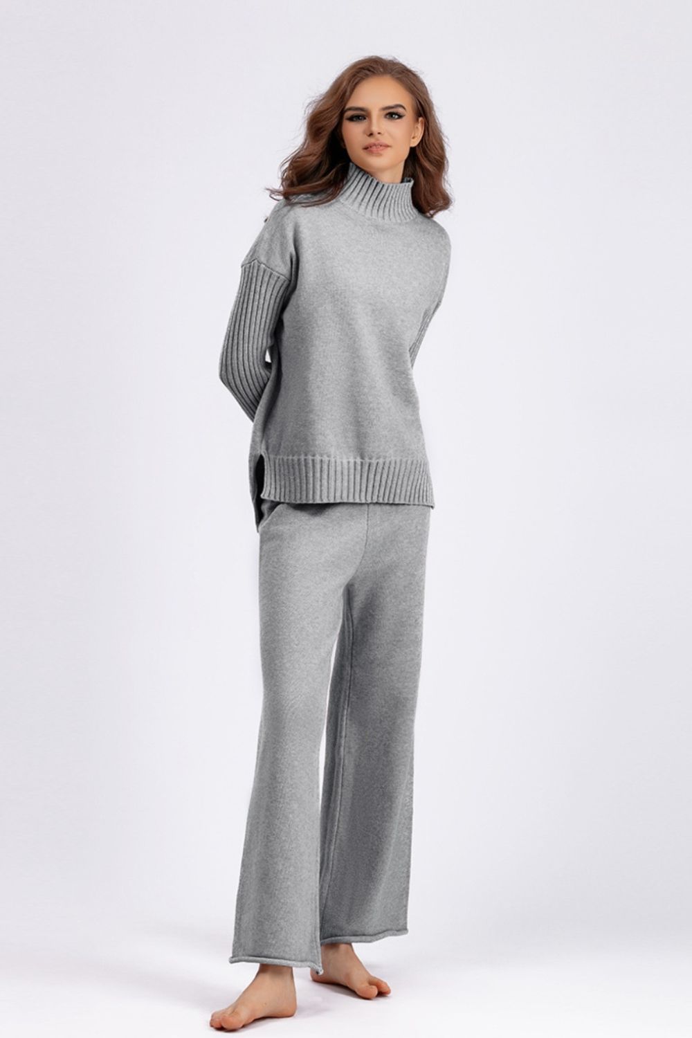 SHIRLYN High- Low Turtleneck Long Sleeve Top and Pants Sweater Set