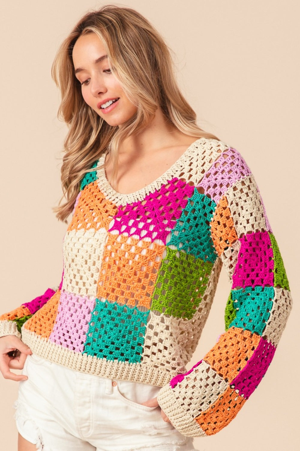 SHIRLYN Multi Color Checkered Long Sleeve Knit Top