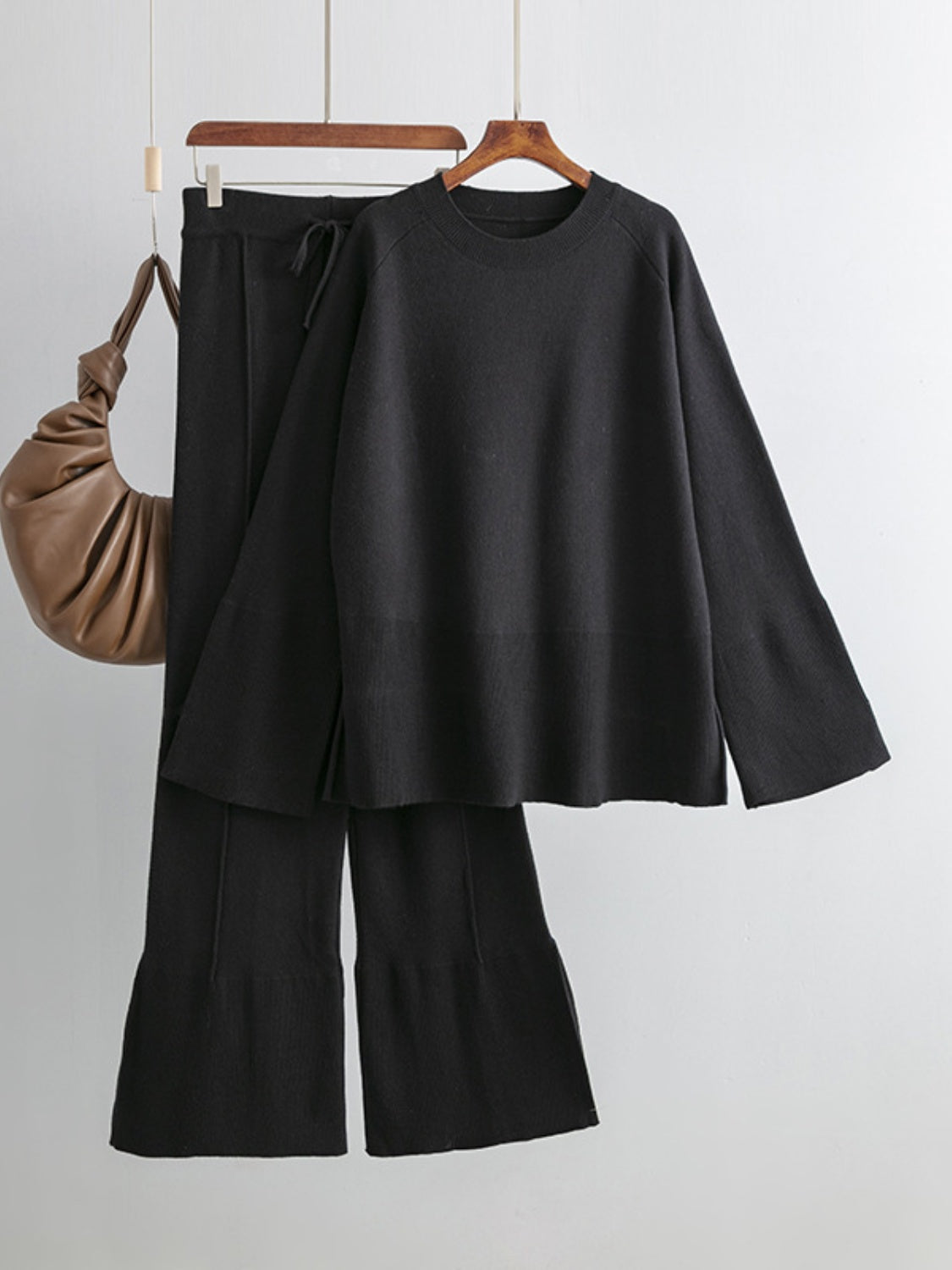 SHIRLYN Slit Round Neck Long Sleeve Top and Drawstring Pants Sweater Set