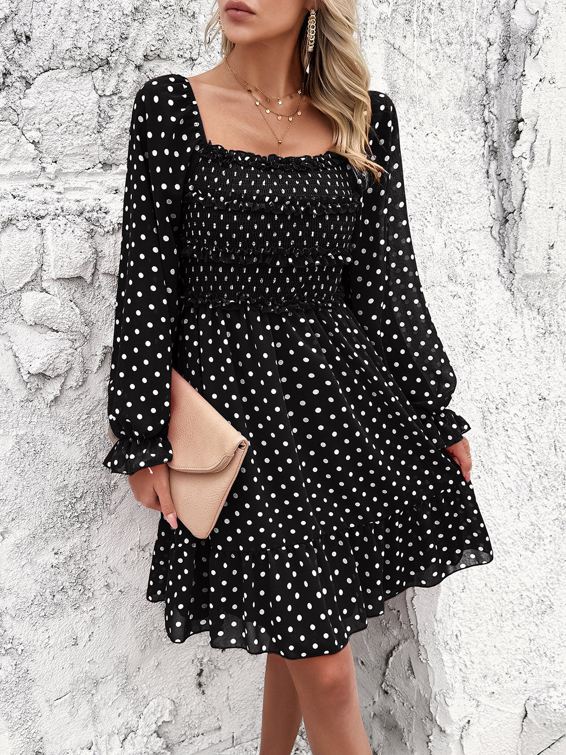 Smocked Polka Dot Long Sleeve Dress