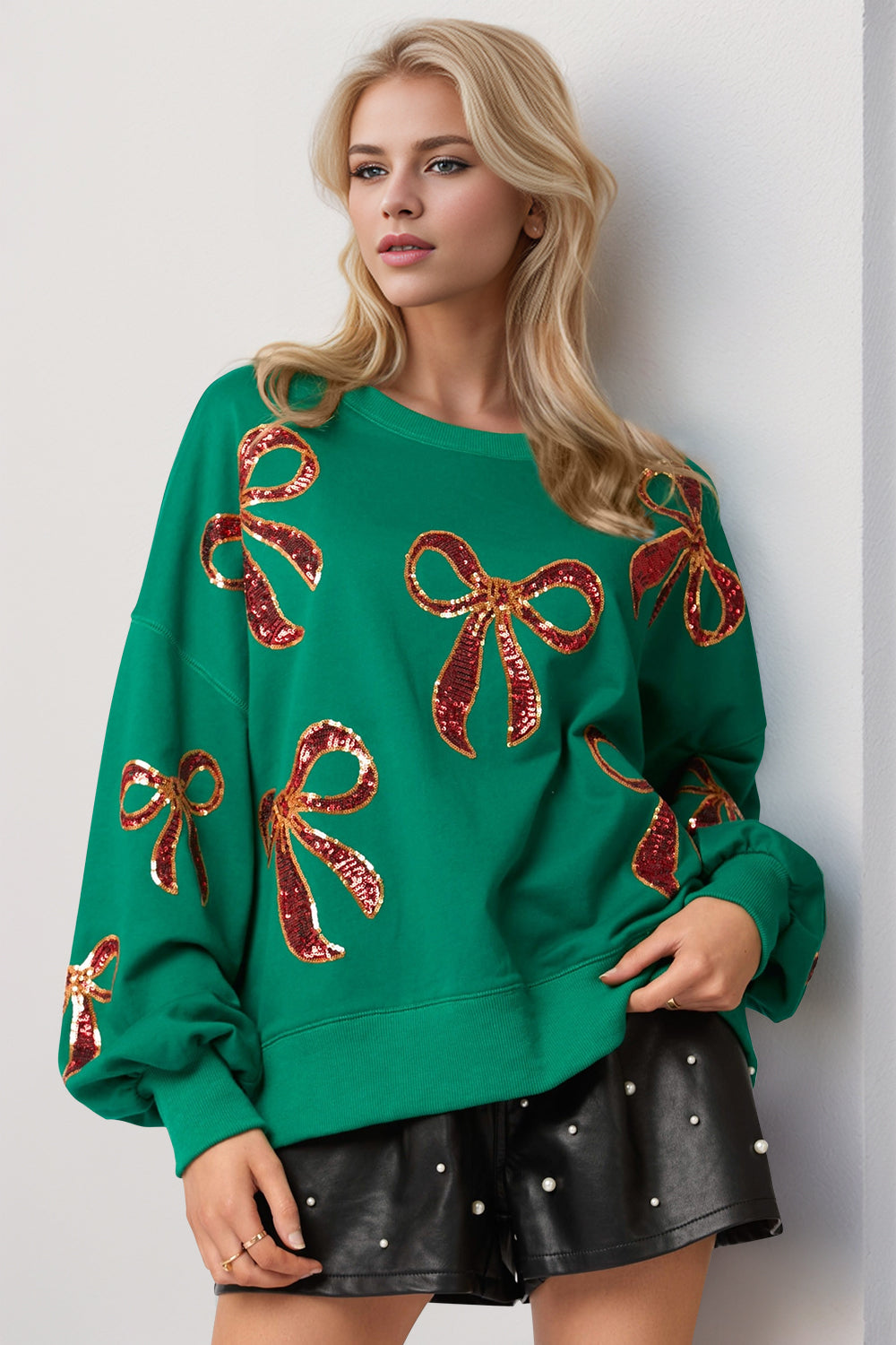 SHIRLYN Take Christmas Bow Sequin Round Neck Dropped Shoulder Sweatshirt