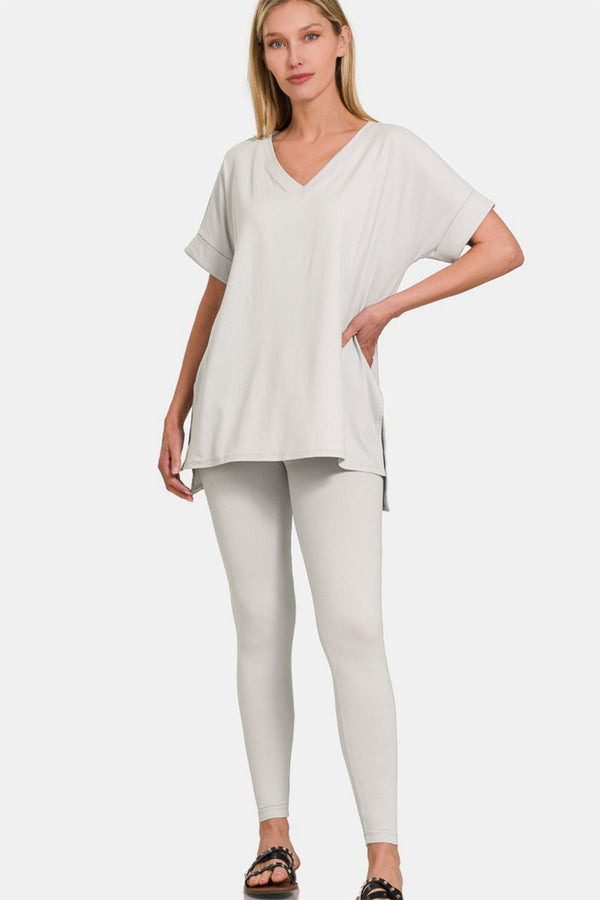 SHIRLYN - V-Neck Rolled Short Sleeve T-Shirt and Leggings Lounge Set