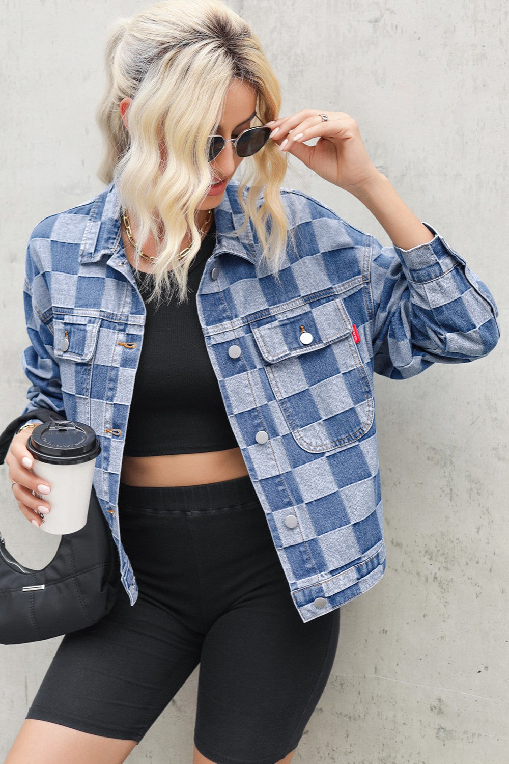 SHIRLYN - Checkered Button Up Long Sleeve Denim Jacket