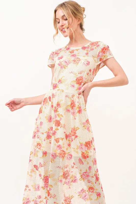 Fish-Net Floral Printed Midi Dress in bold floral print, summer party outfit
