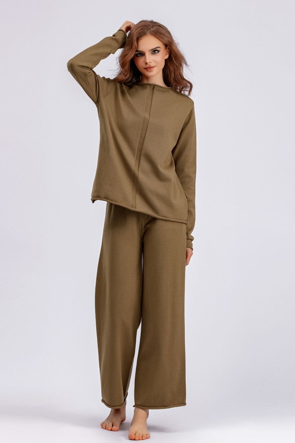 SHIRLYN Rolled Round Neck Top and Pants Sweater Set