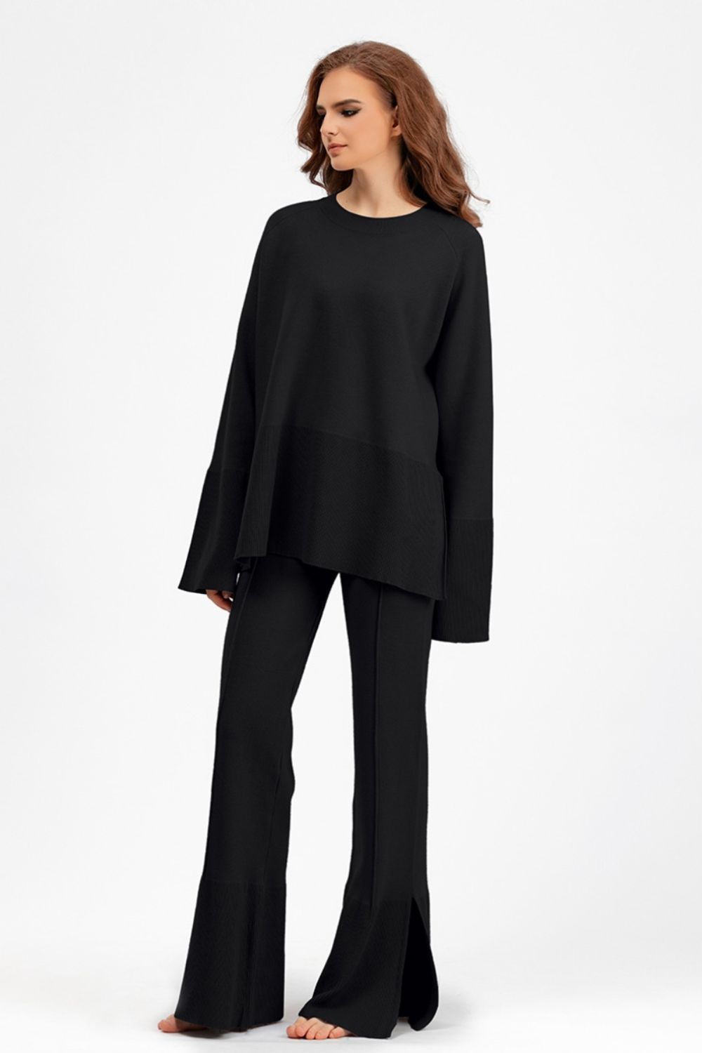 SHIRLYN Slit Round Neck Long Sleeve Top and Drawstring Pants Sweater Set