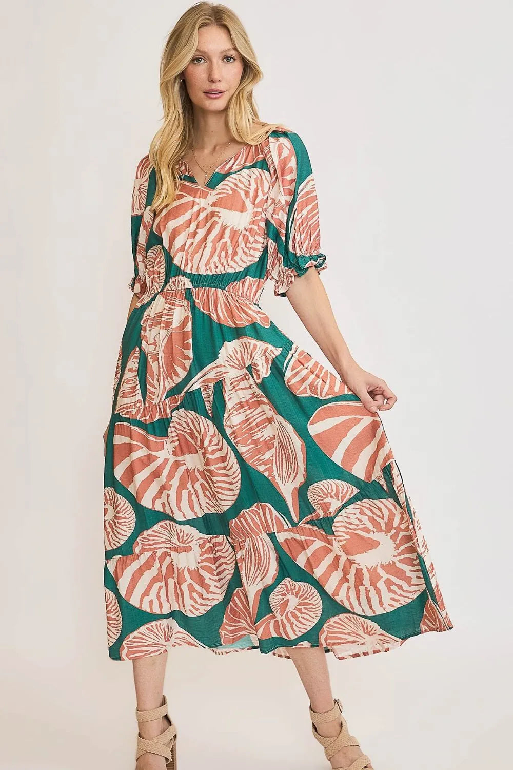 Printed puff sleeve midi dress with notched neckline, ruched and ruffled details – feminine and stylish silhouette