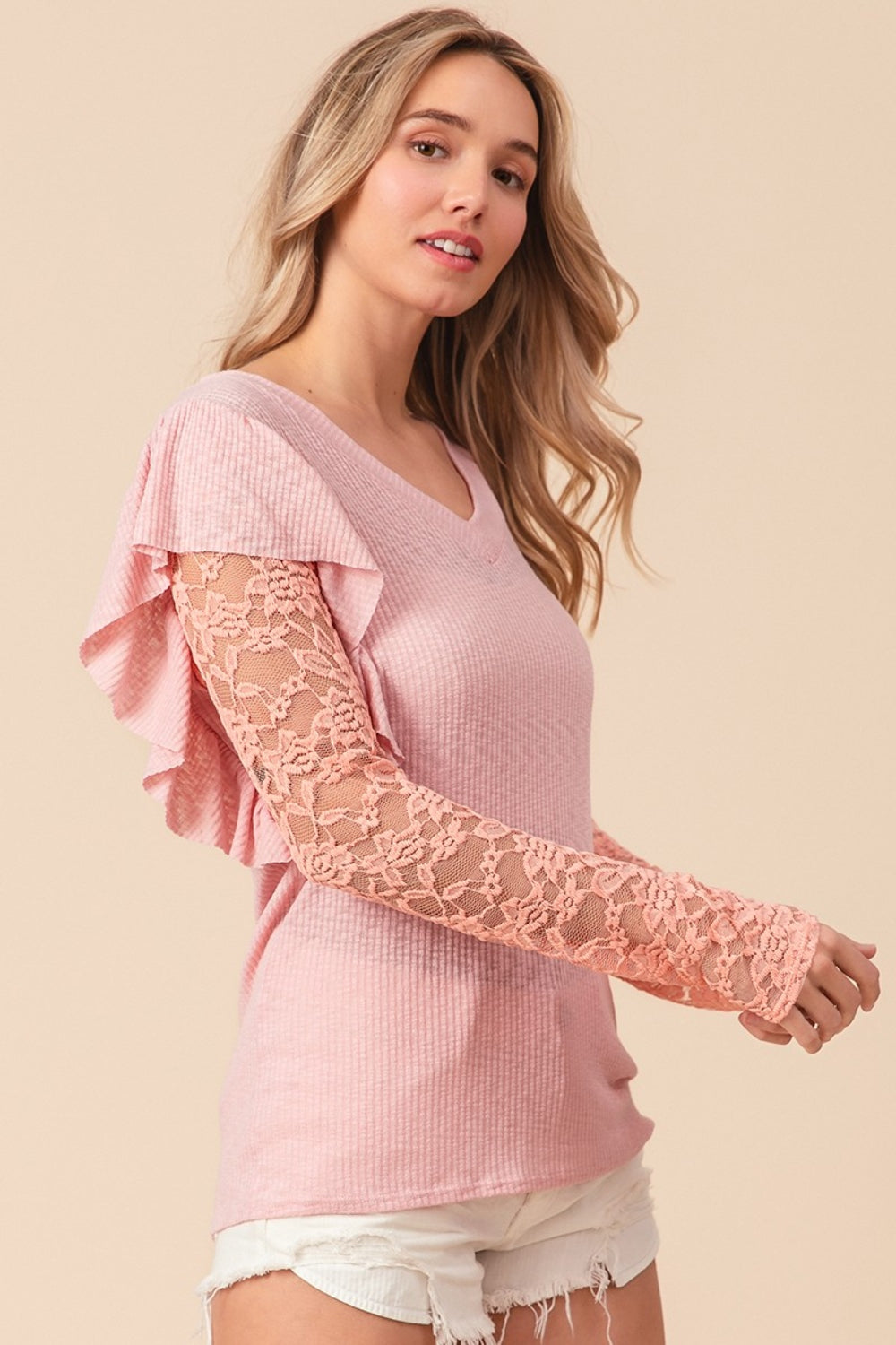 SHIRLYN Ruffled Lace Sleeve Rib Knit Top