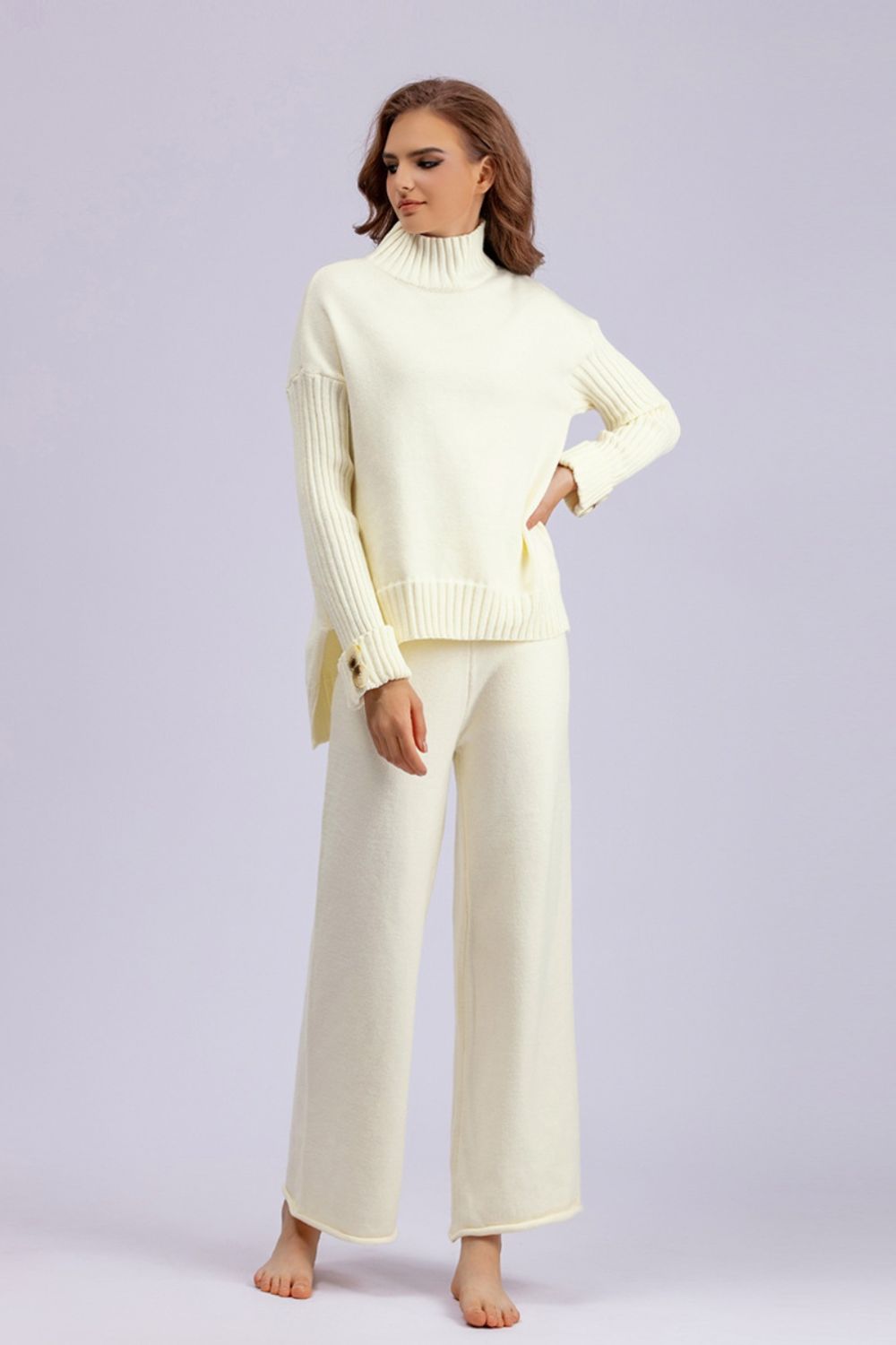 SHIRLYN High- Low Turtleneck Long Sleeve Top and Pants Sweater Set