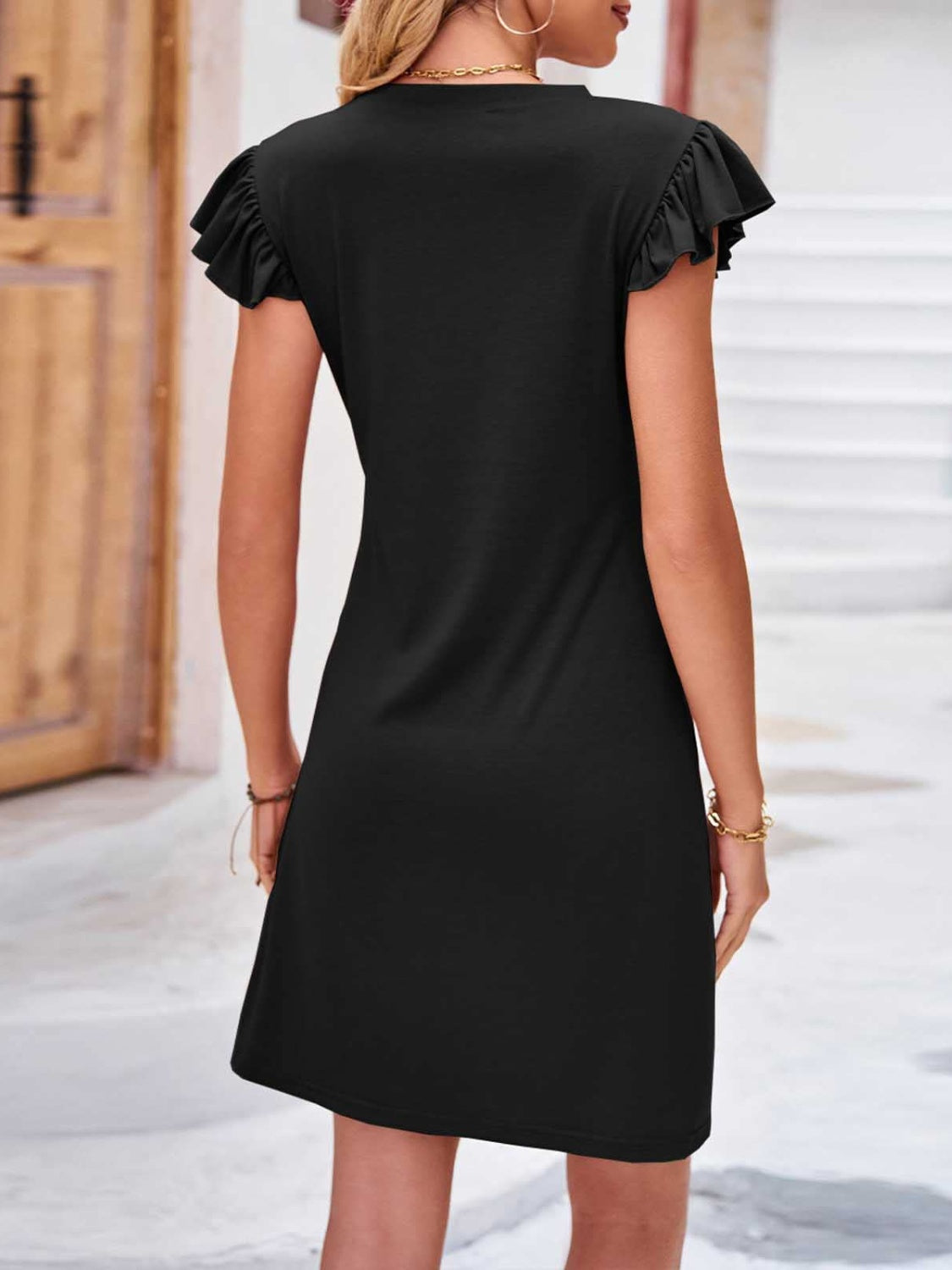 Ruffled Round Neck Cap Sleeve Mini Dress