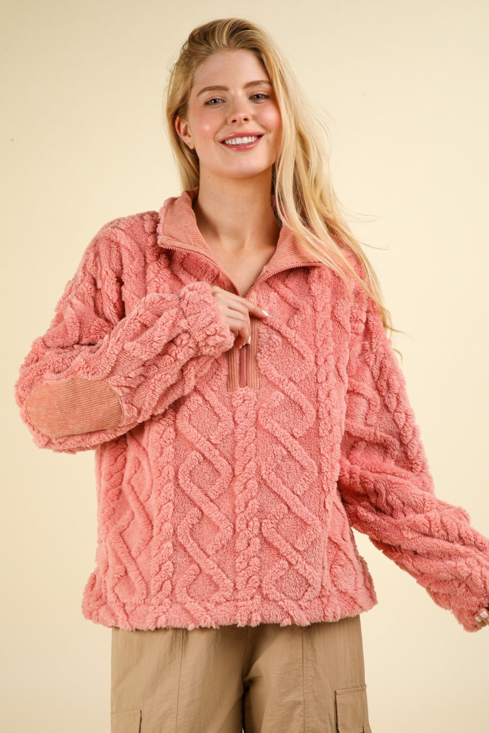 SHIRLYN Fuzzy Fleece Half Zip Cable Pattern Sweatshirt