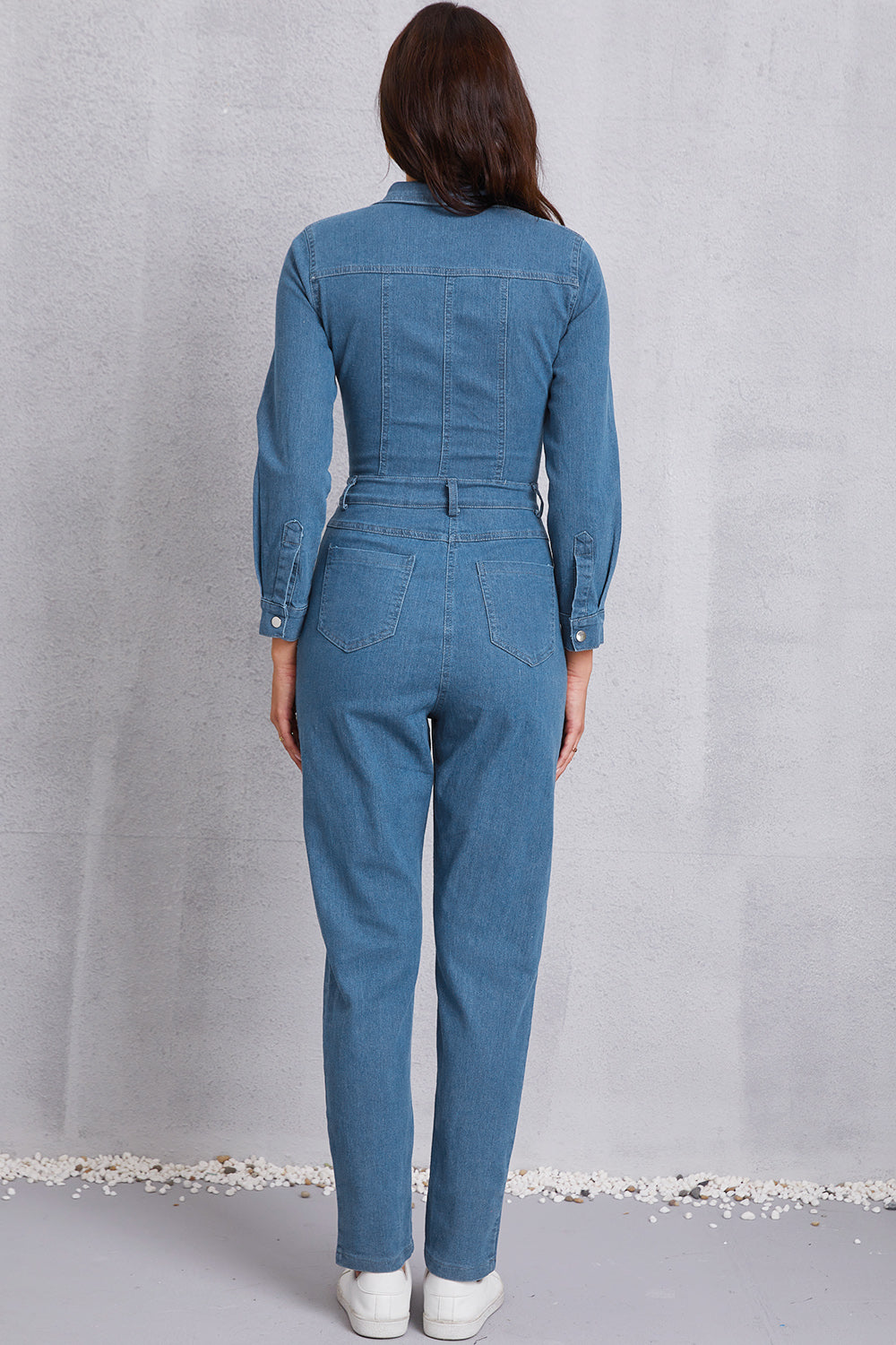 SHIRLYN Snap Down Denim Jumpsuit with Pockets