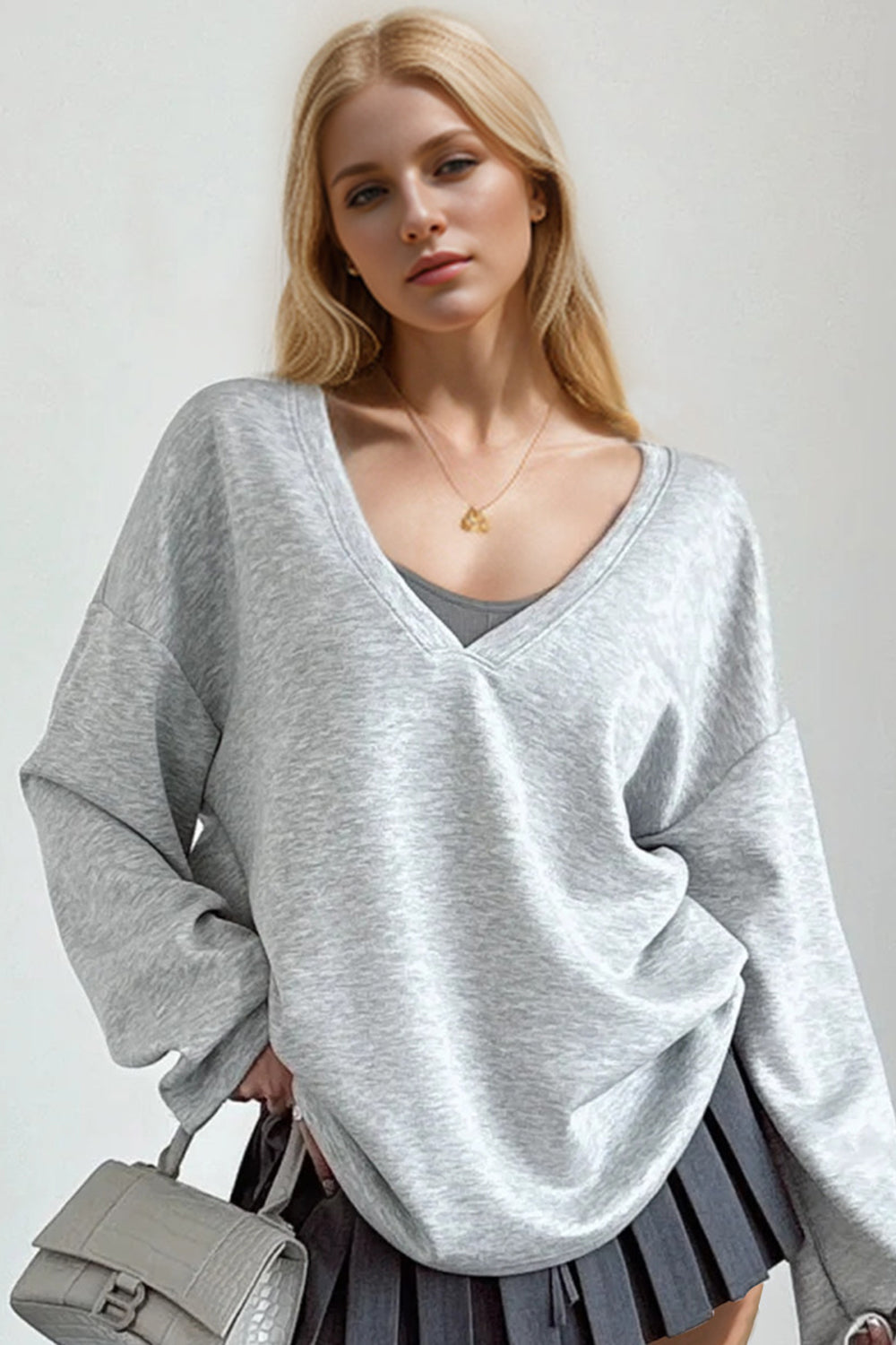 SHIRLYN Basic Air Scuba V-Neck Dropped Shoulder Long Sleeve Sweatshirt with Bra