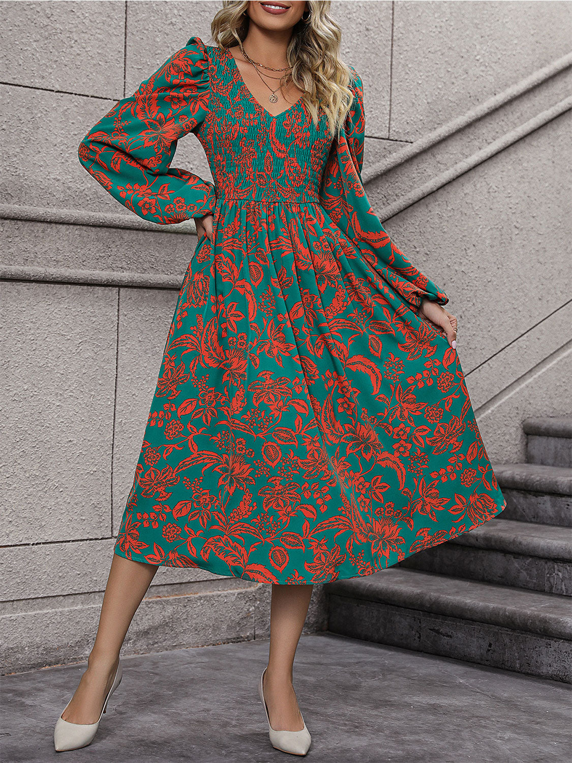 Printed Smocked V-Neck Balloon Sleeve Dress