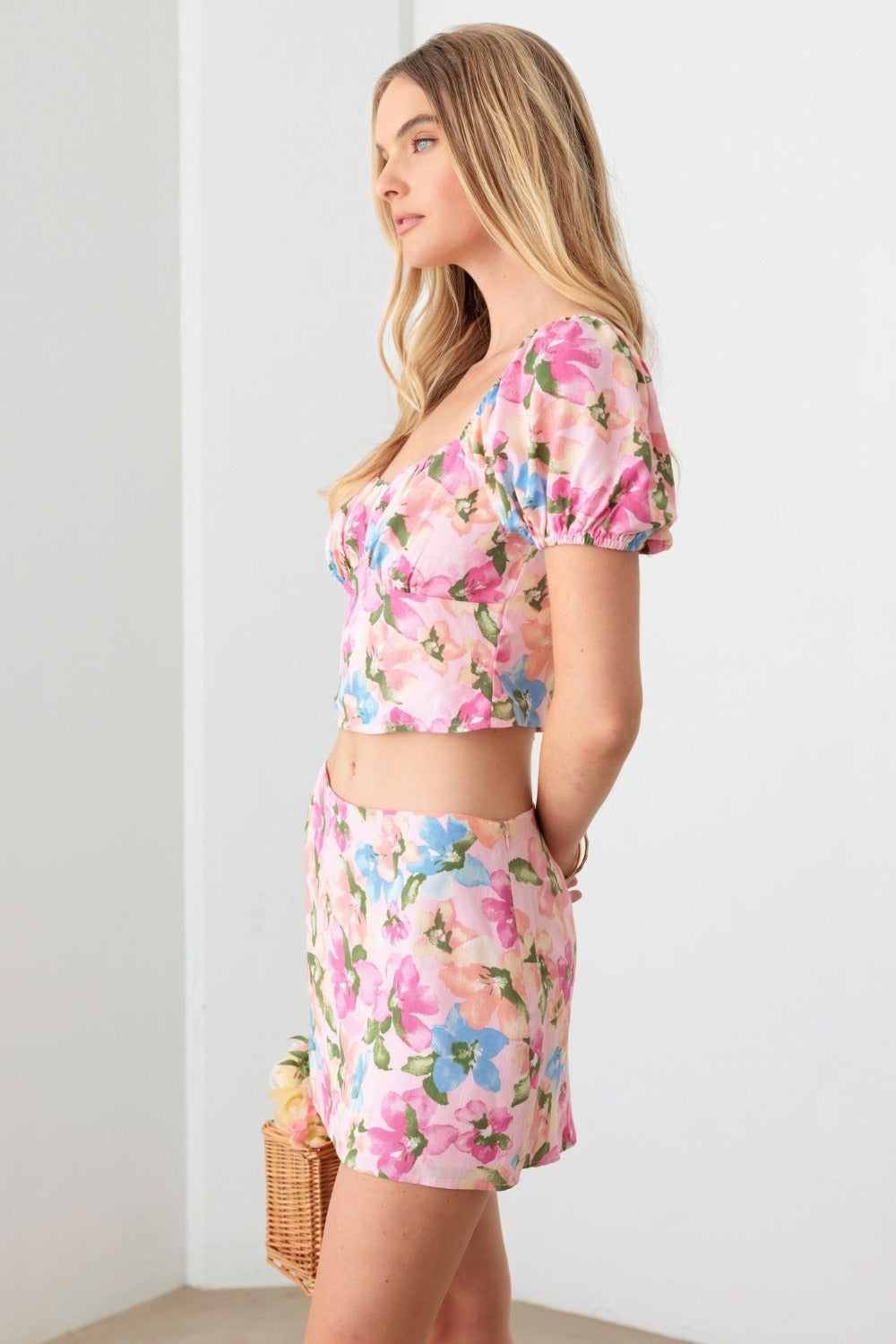 SHIRLYN - Floral Puff Sleeve Crop Top and Mini Skirt Set