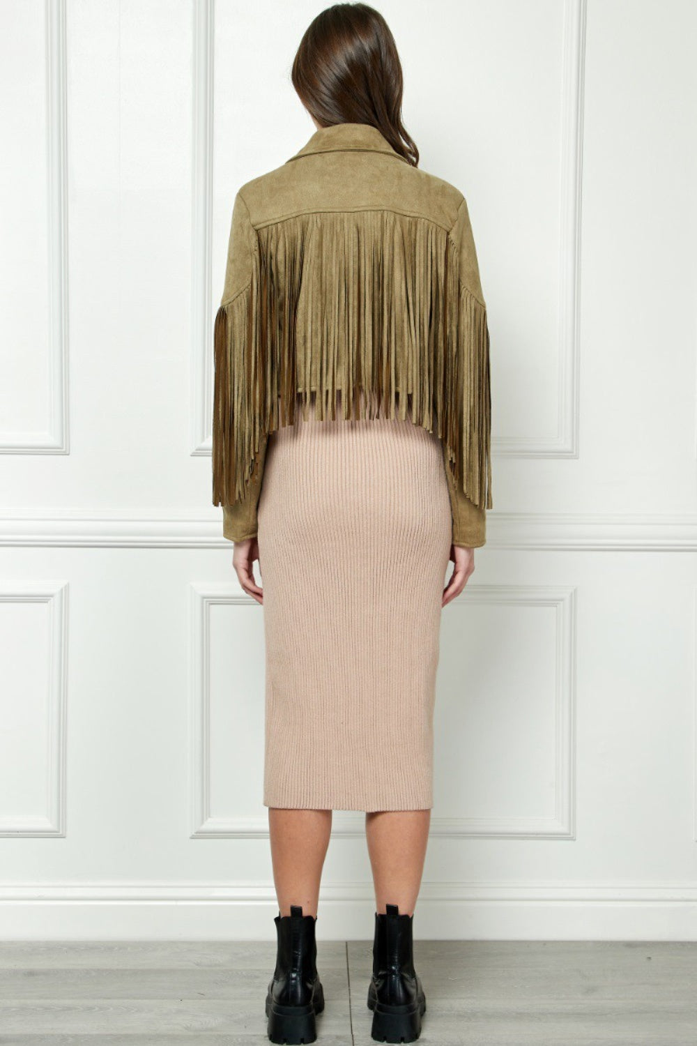 SHIRLYN - Veveret Suede Fringe Long Sleeve Moto Jacket