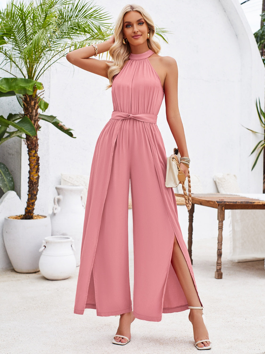 Ruched Slit Tied Sleeveless Jumpsuit